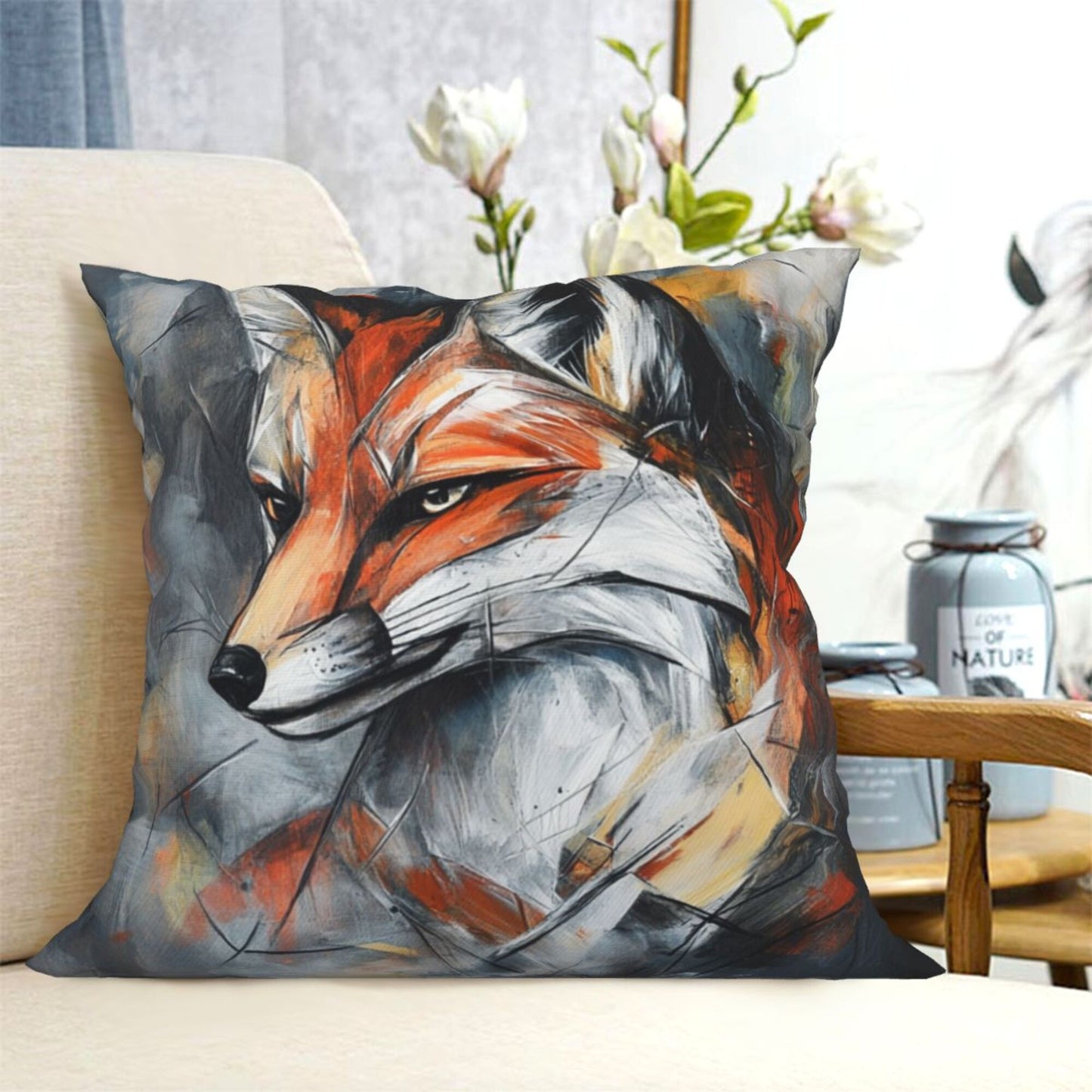 Abstract Fox Art Throw Pillow Cover|16"x16" Modern Animal Decorative Cushion Case|Removable Polyester Pillow Cover