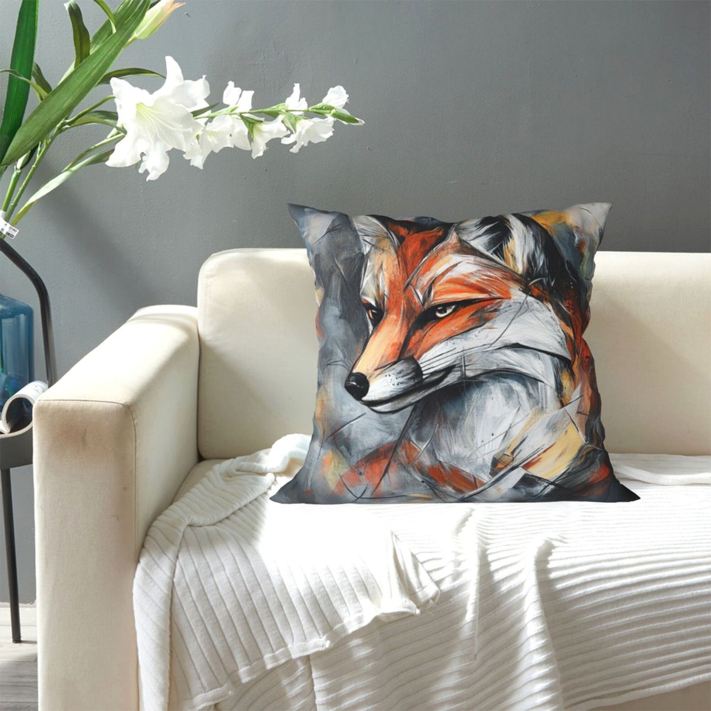 Abstract Fox Art Throw Pillow Cover|16"x16" Modern Animal Decorative Cushion Case|Removable Polyester Pillow Cover
