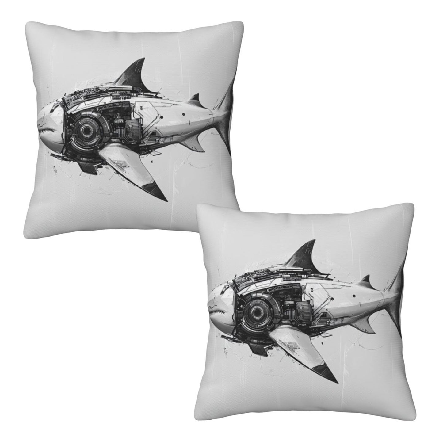 16"x16" Mechanical Shark Throw Pillow Covers (Set of 2)|Futuristic Sci-Fi Cushion Covers|Removable & Washable|Modern Home Decor
