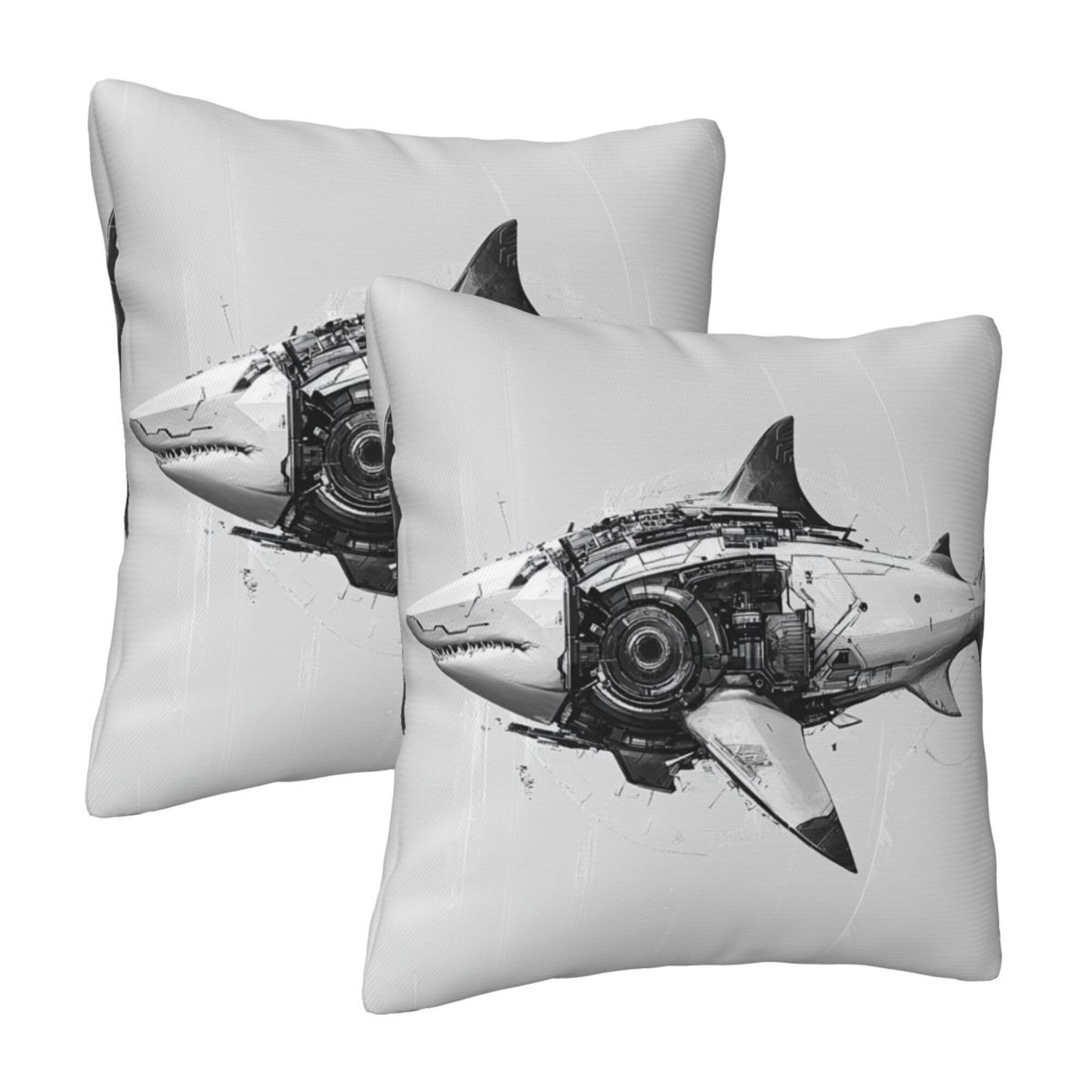16"x16" Mechanical Shark Throw Pillow Covers (Set of 2)|Futuristic Sci-Fi Cushion Covers|Removable & Washable|Modern Home Decor