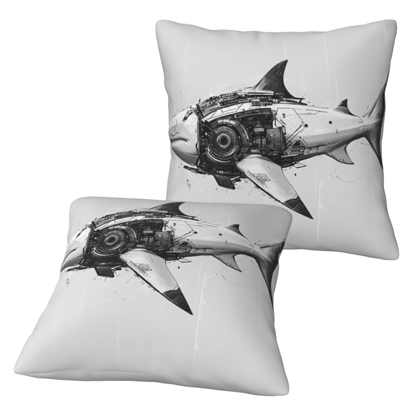 16"x16" Mechanical Shark Throw Pillow Covers (Set of 2)|Futuristic Sci-Fi Cushion Covers|Removable & Washable|Modern Home Decor