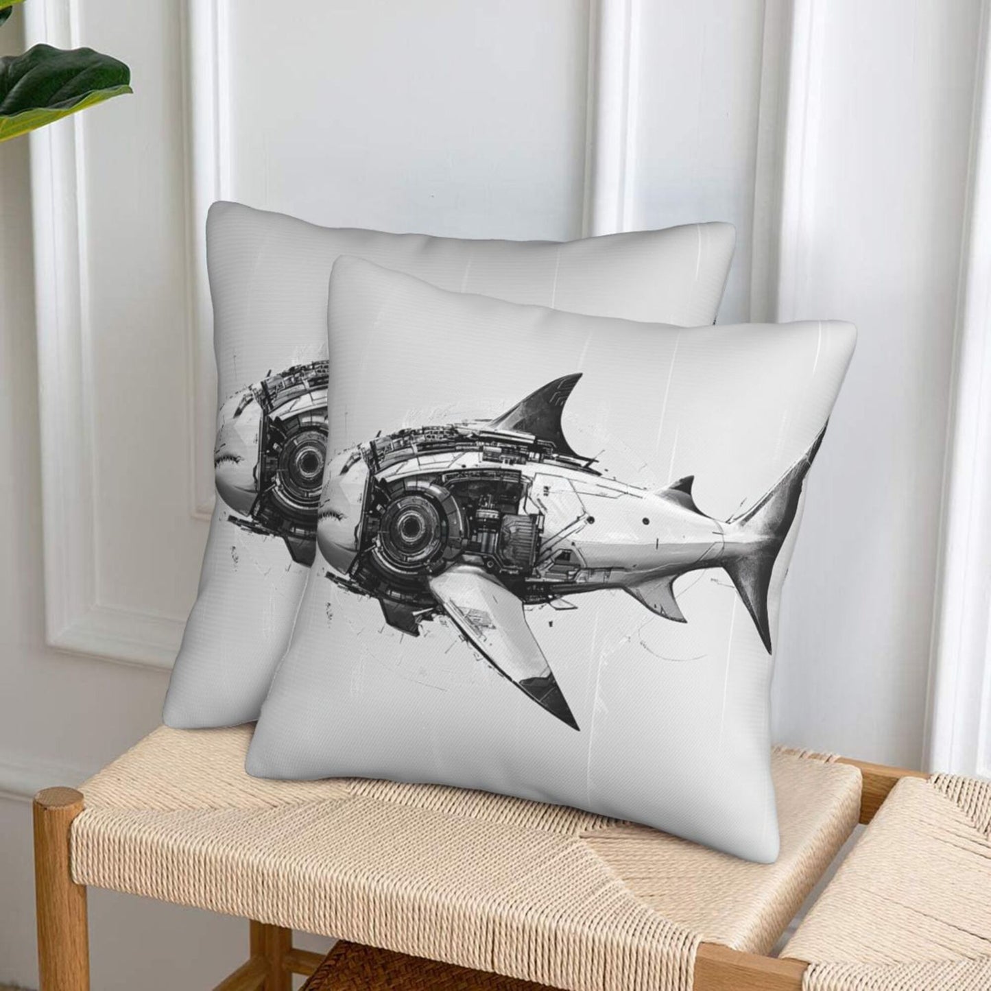 16"x16" Mechanical Shark Throw Pillow Covers (Set of 2)|Futuristic Sci-Fi Cushion Covers|Removable & Washable|Modern Home Decor