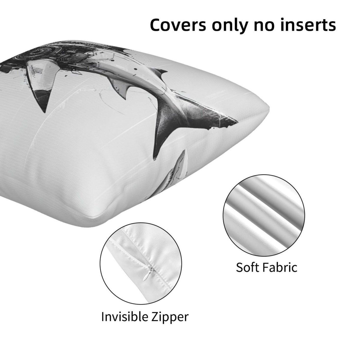 16"x16" Mechanical Shark Throw Pillow Covers (Set of 2)|Futuristic Sci-Fi Cushion Covers|Removable & Washable|Modern Home Decor