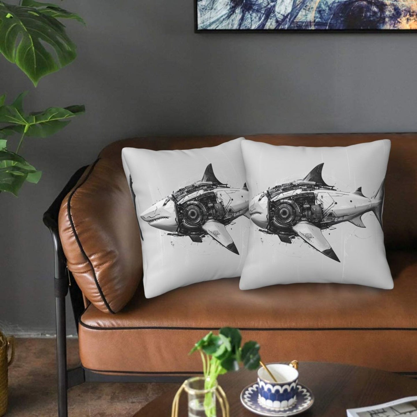 16"x16" Mechanical Shark Throw Pillow Covers (Set of 2)|Futuristic Sci-Fi Cushion Covers|Removable & Washable|Modern Home Decor