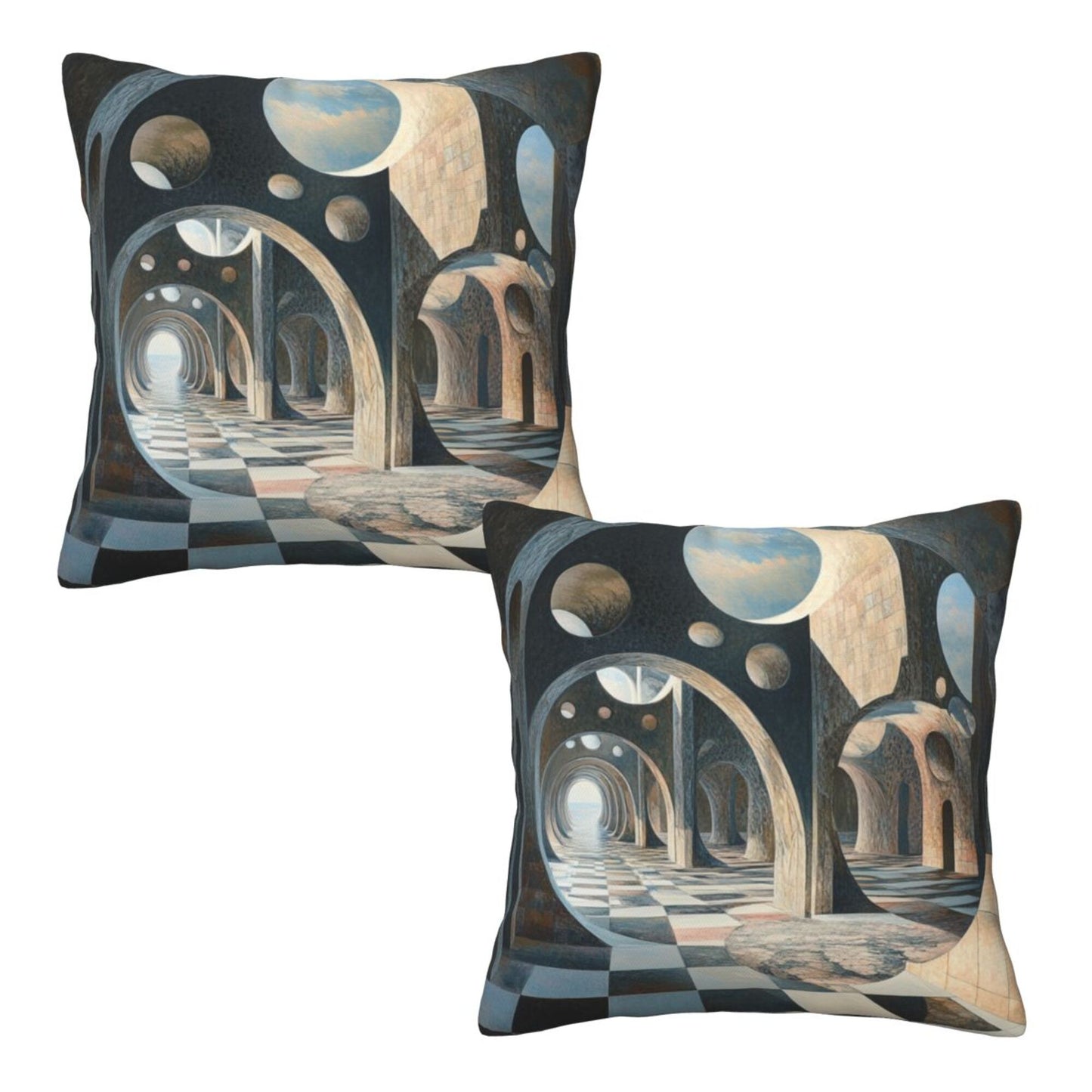 16"x16" Surreal Geometric Space Pillow Covers (Set of 2)|3D Architecture & Chessboard Design|Abstract Throw Cushion Covers|Washable Modern Home Decor
