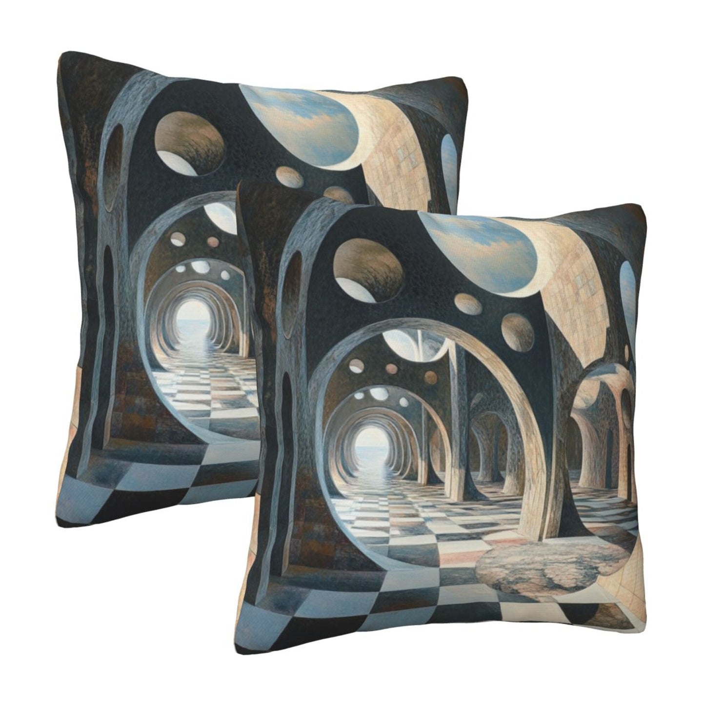 16"x16" Surreal Geometric Space Pillow Covers (Set of 2)|3D Architecture & Chessboard Design|Abstract Throw Cushion Covers|Washable Modern Home Decor