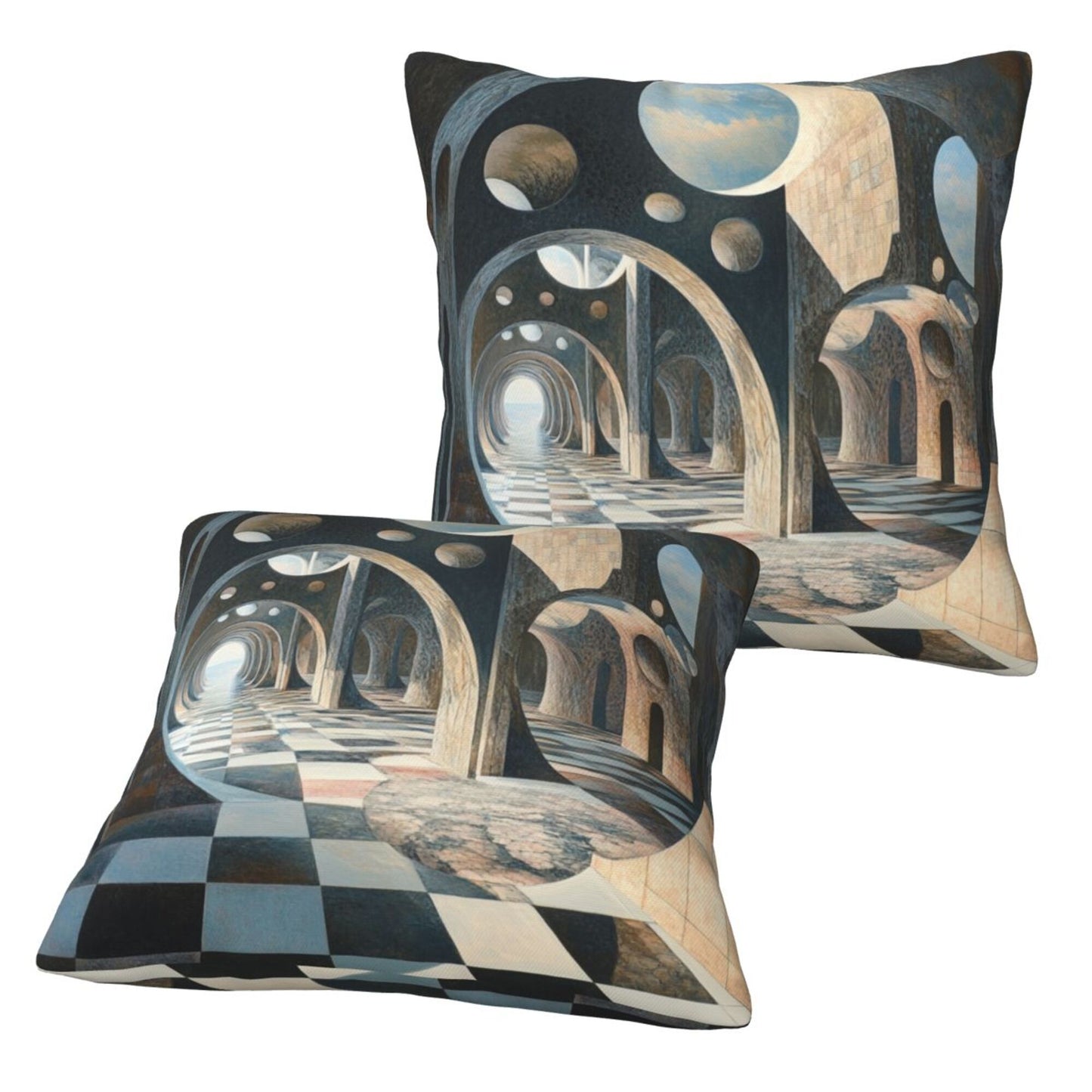 16"x16" Surreal Geometric Space Pillow Covers (Set of 2)|3D Architecture & Chessboard Design|Abstract Throw Cushion Covers|Washable Modern Home Decor