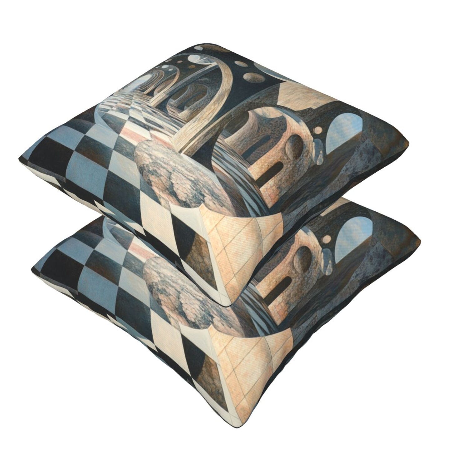 16"x16" Surreal Geometric Space Pillow Covers (Set of 2)|3D Architecture & Chessboard Design|Abstract Throw Cushion Covers|Washable Modern Home Decor