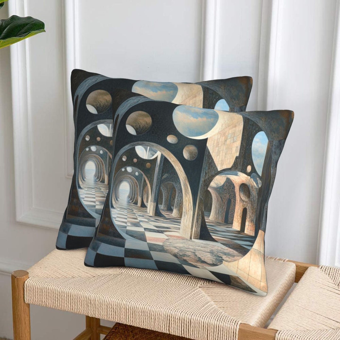 16"x16" Surreal Geometric Space Pillow Covers (Set of 2)|3D Architecture & Chessboard Design|Abstract Throw Cushion Covers|Washable Modern Home Decor