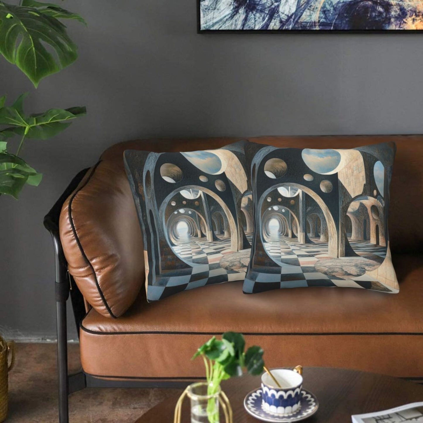 16"x16" Surreal Geometric Space Pillow Covers (Set of 2)|3D Architecture & Chessboard Design|Abstract Throw Cushion Covers|Washable Modern Home Decor