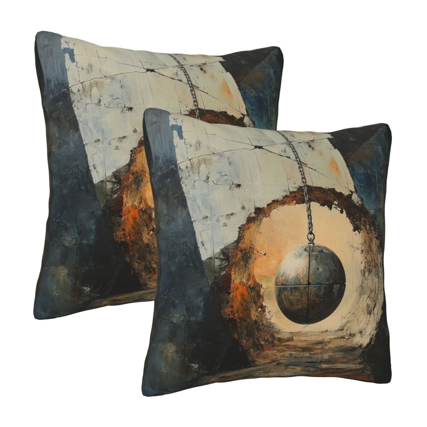 16"x16" Industrial Hanging Ball Art Pillow Covers (Set of 2)|Abstract Wall Break Design|Modern Loft Decor|Machine Washable Cushion Covers