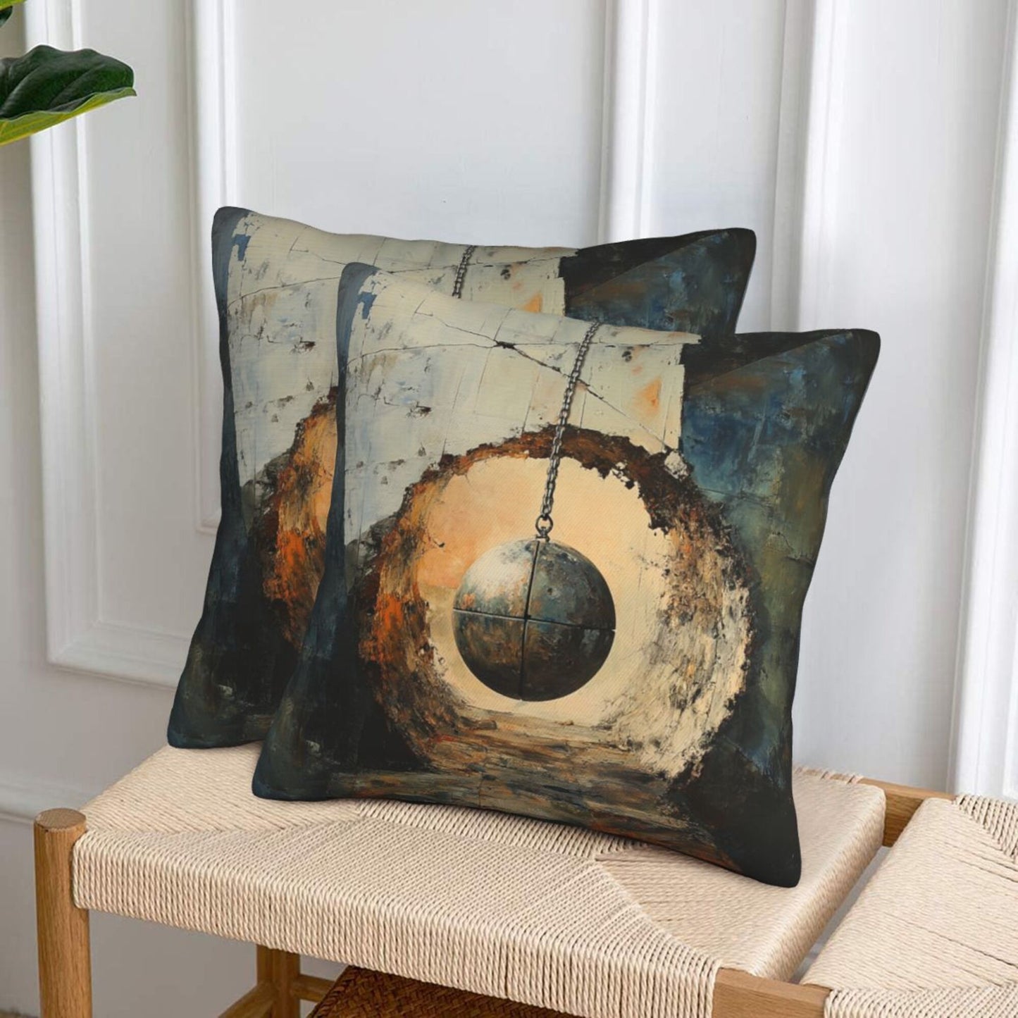 16"x16" Industrial Hanging Ball Art Pillow Covers (Set of 2)|Abstract Wall Break Design|Modern Loft Decor|Machine Washable Cushion Covers