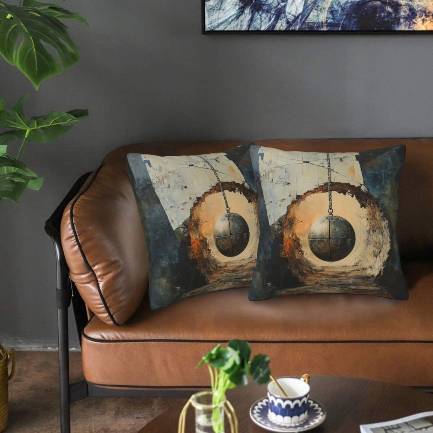 16"x16" Industrial Hanging Ball Art Pillow Covers (Set of 2)|Abstract Wall Break Design|Modern Loft Decor|Machine Washable Cushion Covers