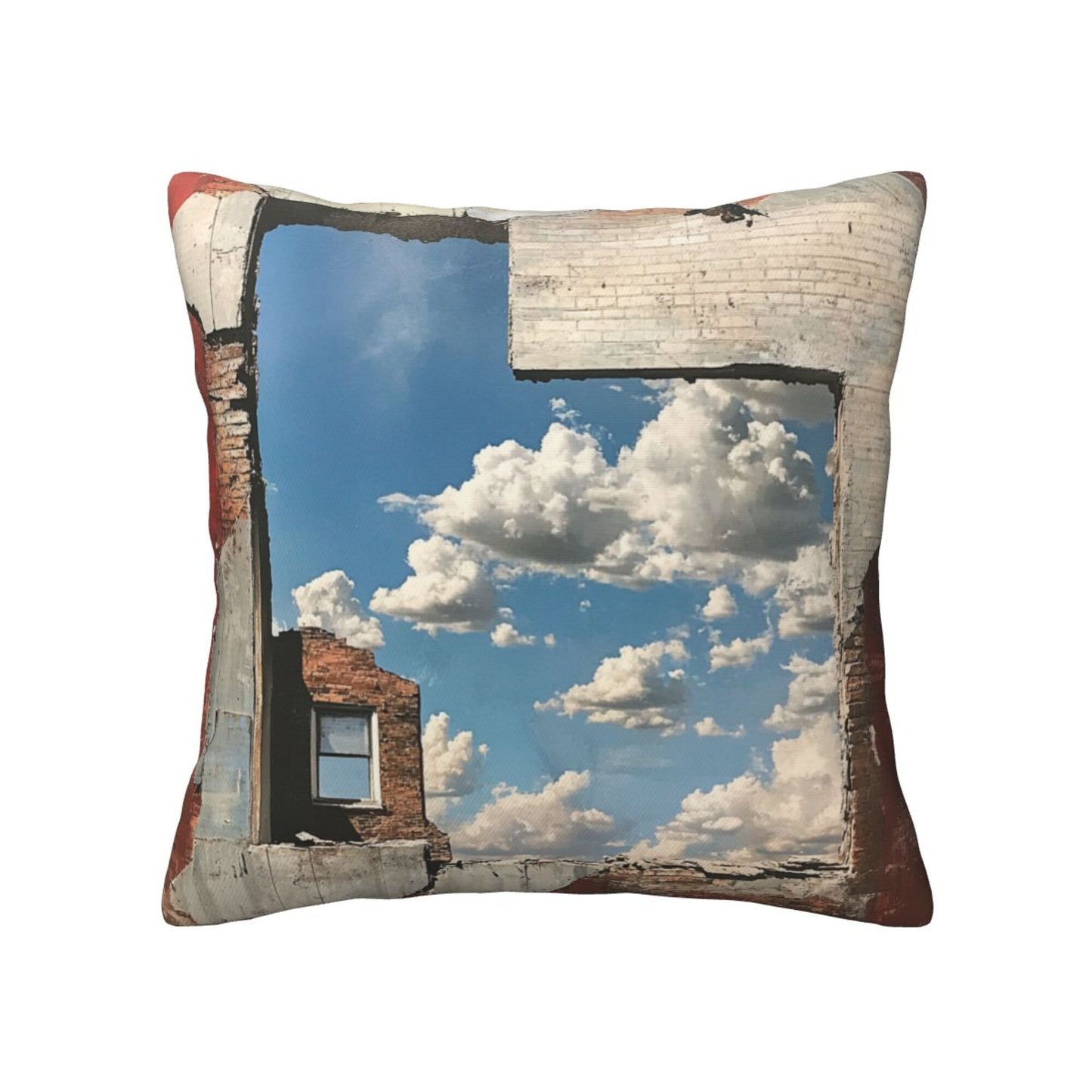 16"x16" Urban Ruin Window View Pillow Covers (Set of 2)|Blue Sky & Brick Wall Print|Industrial Photography Throw Cushion Covers|Removable & Washable