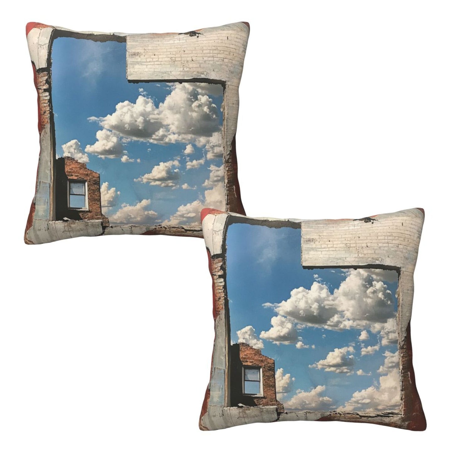 16"x16" Urban Ruin Window View Pillow Covers (Set of 2)|Blue Sky & Brick Wall Print|Industrial Photography Throw Cushion Covers|Removable & Washable