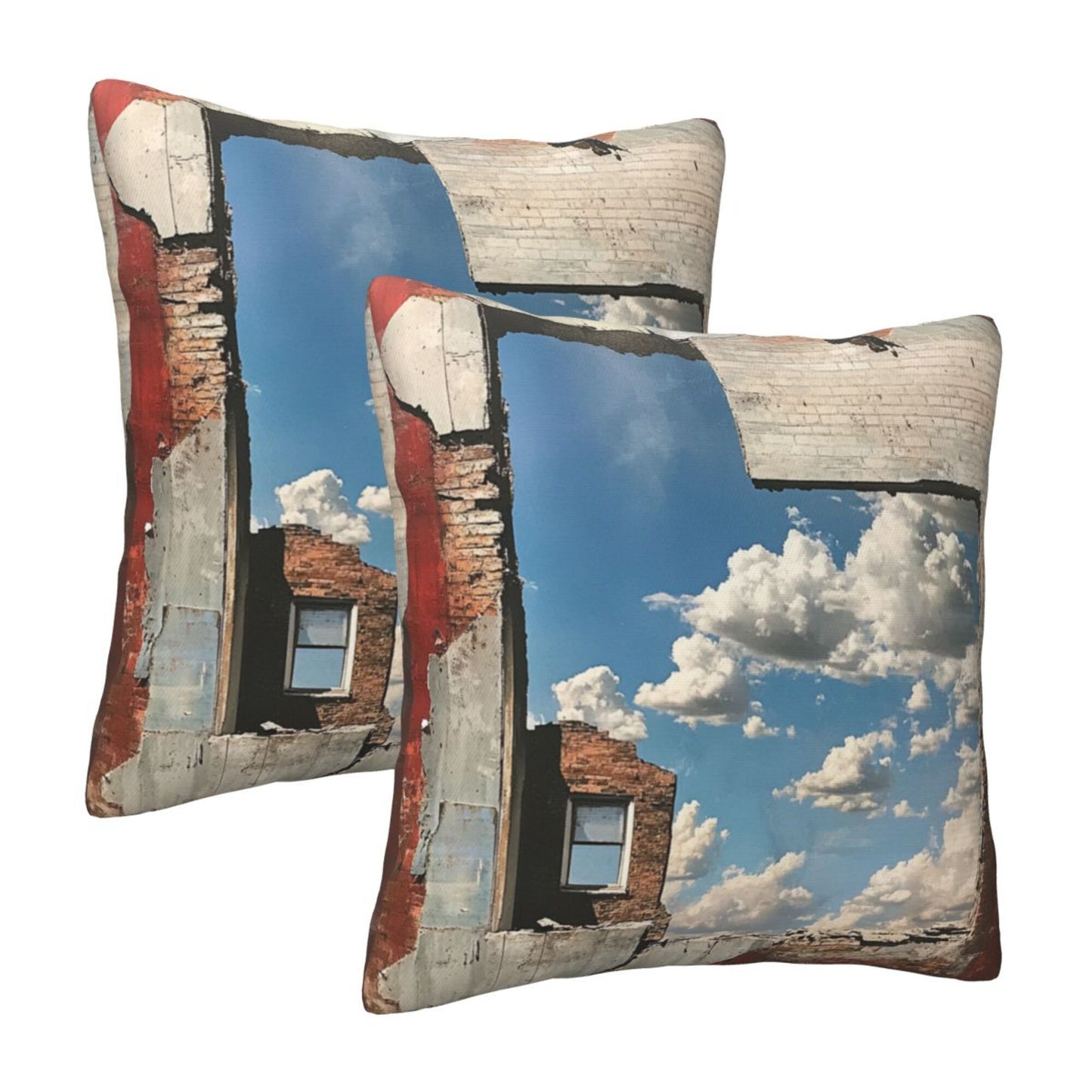 16"x16" Urban Ruin Window View Pillow Covers (Set of 2)|Blue Sky & Brick Wall Print|Industrial Photography Throw Cushion Covers|Removable & Washable