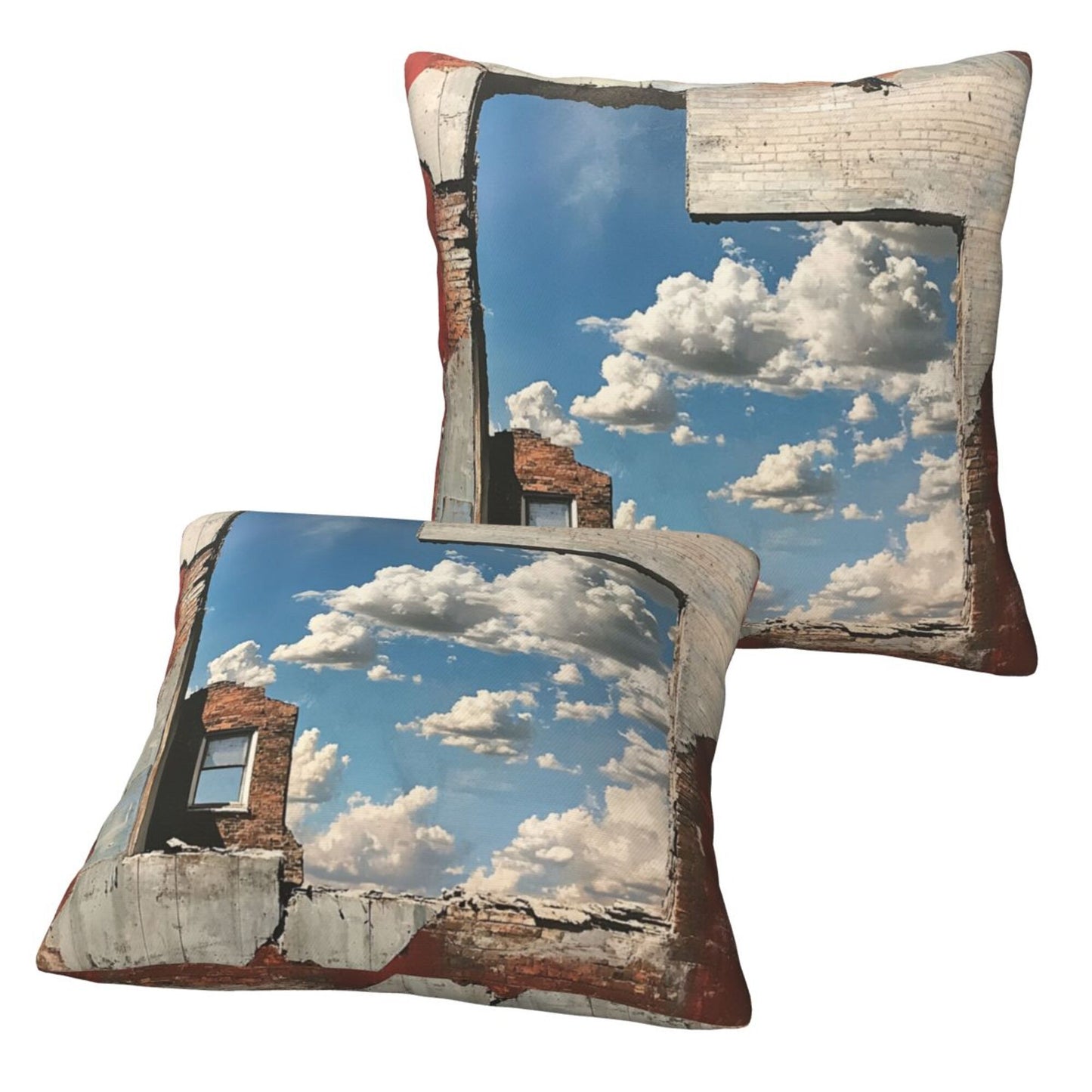 16"x16" Urban Ruin Window View Pillow Covers (Set of 2)|Blue Sky & Brick Wall Print|Industrial Photography Throw Cushion Covers|Removable & Washable