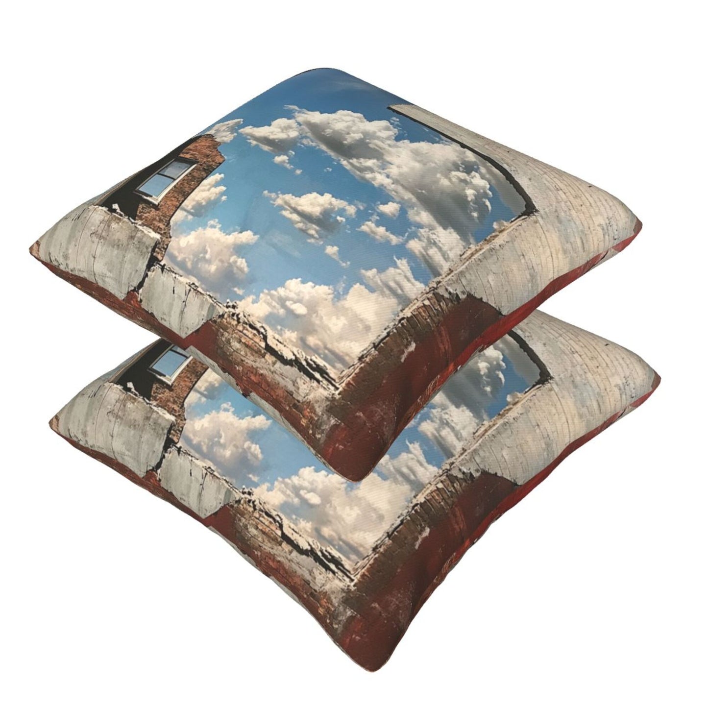 16"x16" Urban Ruin Window View Pillow Covers (Set of 2)|Blue Sky & Brick Wall Print|Industrial Photography Throw Cushion Covers|Removable & Washable