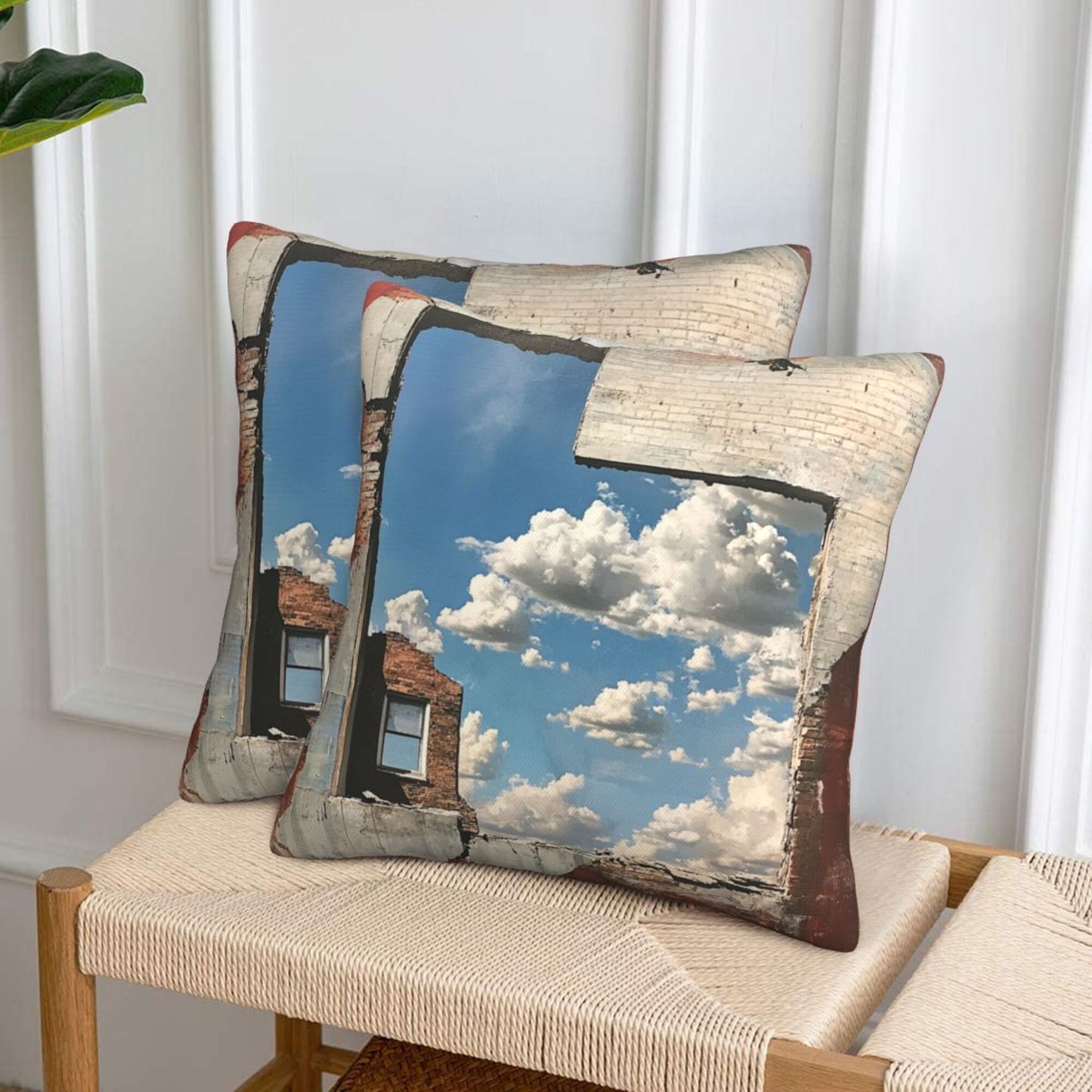 16"x16" Urban Ruin Window View Pillow Covers (Set of 2)|Blue Sky & Brick Wall Print|Industrial Photography Throw Cushion Covers|Removable & Washable