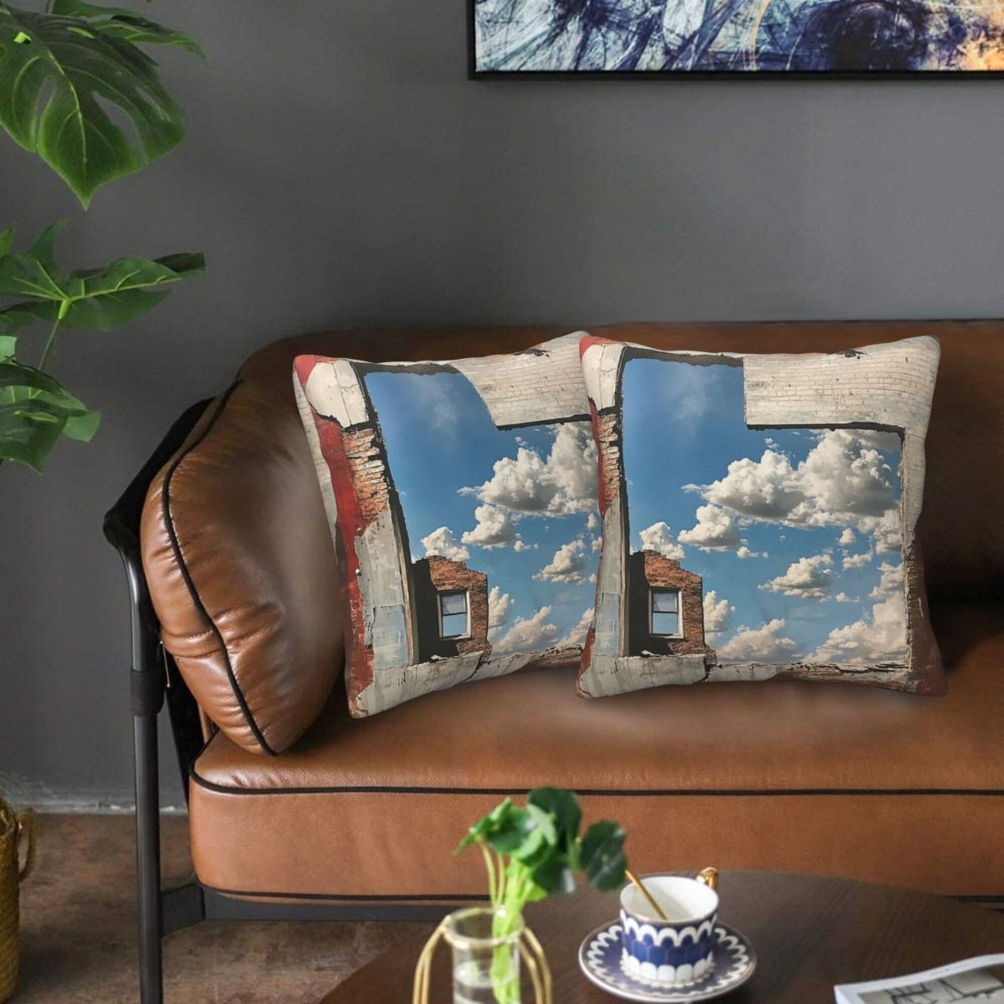16"x16" Urban Ruin Window View Pillow Covers (Set of 2)|Blue Sky & Brick Wall Print|Industrial Photography Throw Cushion Covers|Removable & Washable