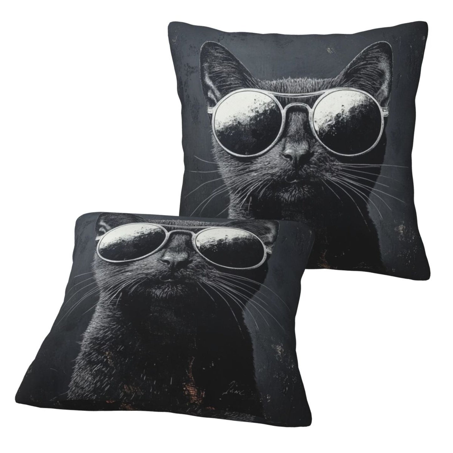 16"x16" Cool Cat with Sunglasses Pillow Covers (Set of 2)|Black & White Graphic Throw Cushion Covers|Trendy Cat Lover Home Decor|Removable & Washable
