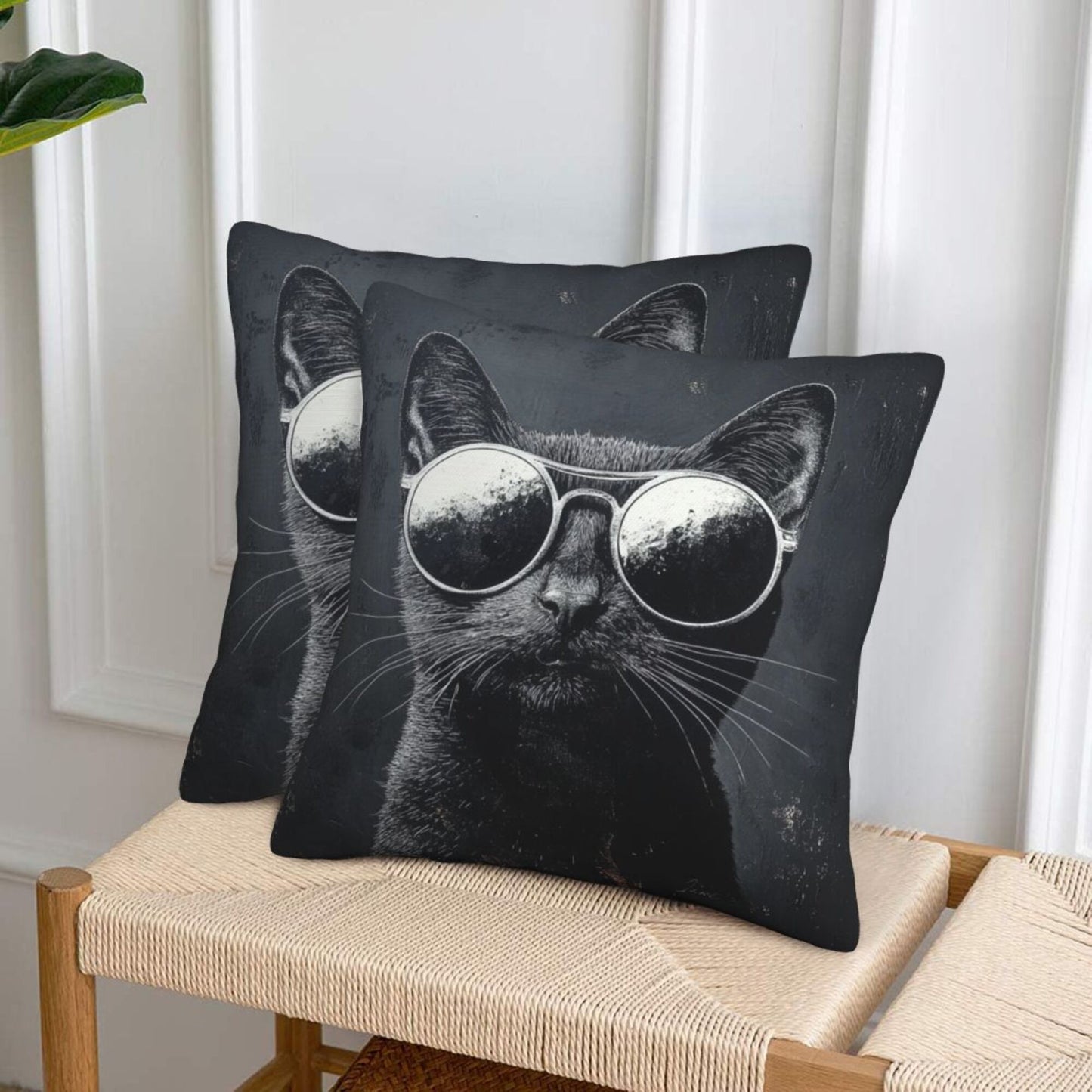 16"x16" Cool Cat with Sunglasses Pillow Covers (Set of 2)|Black & White Graphic Throw Cushion Covers|Trendy Cat Lover Home Decor|Removable & Washable