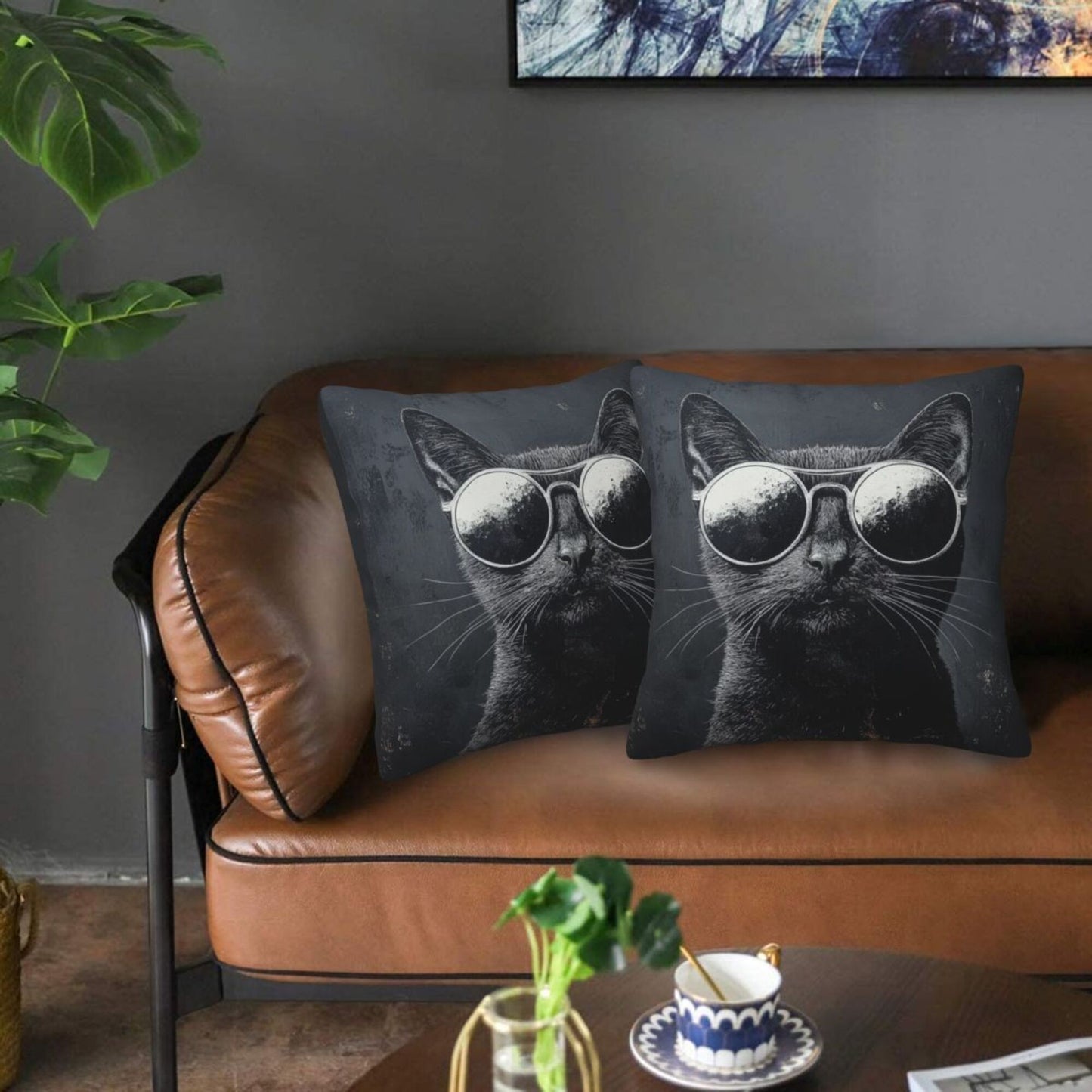 16"x16" Cool Cat with Sunglasses Pillow Covers (Set of 2)|Black & White Graphic Throw Cushion Covers|Trendy Cat Lover Home Decor|Removable & Washable