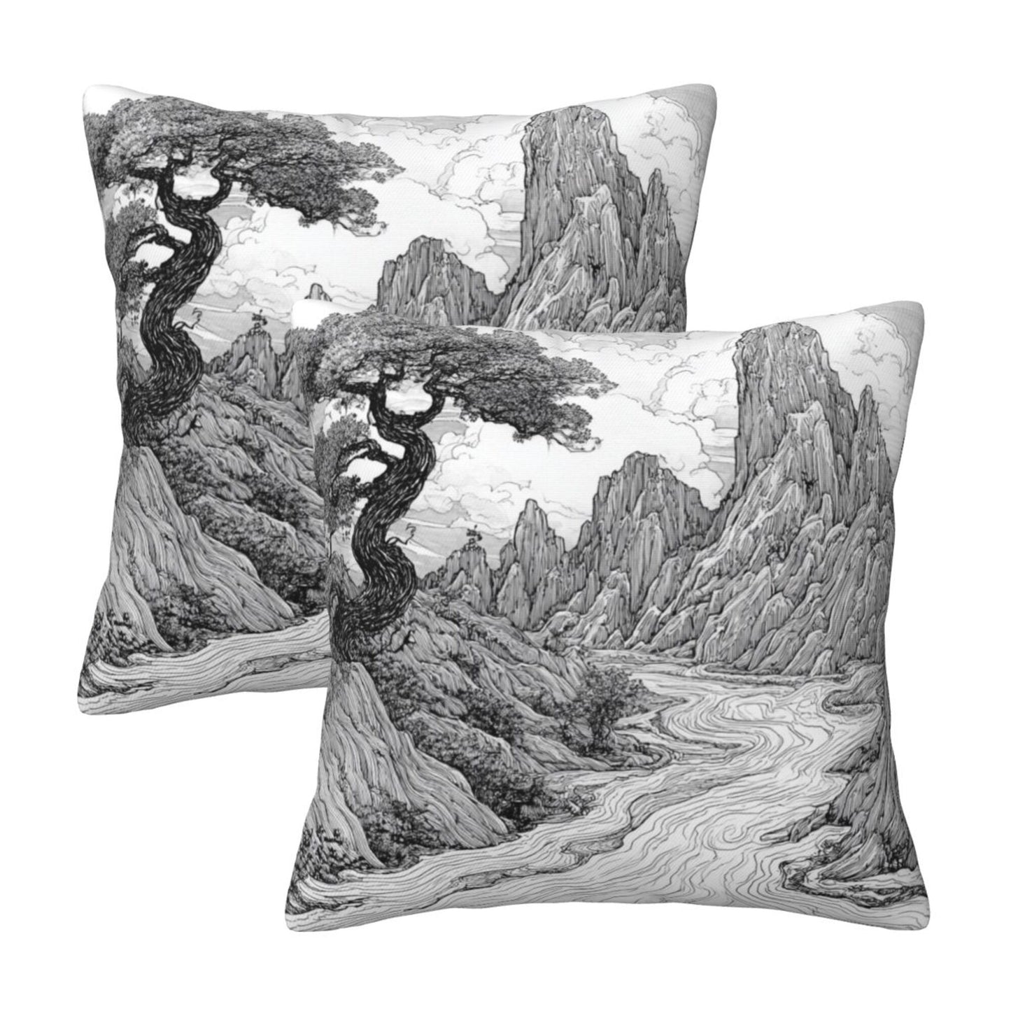 16"x16" Chinese Landscape Art Pillow Covers (Set of 2)|Black & White Ink Style Cushion Covers|Classic Oriental Home Decor|Removable & Washable