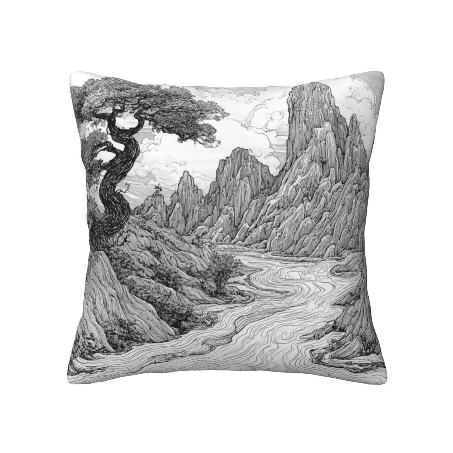 16"x16" Chinese Landscape Art Pillow Covers (Set of 2)|Black & White Ink Style Cushion Covers|Classic Oriental Home Decor|Removable & Washable