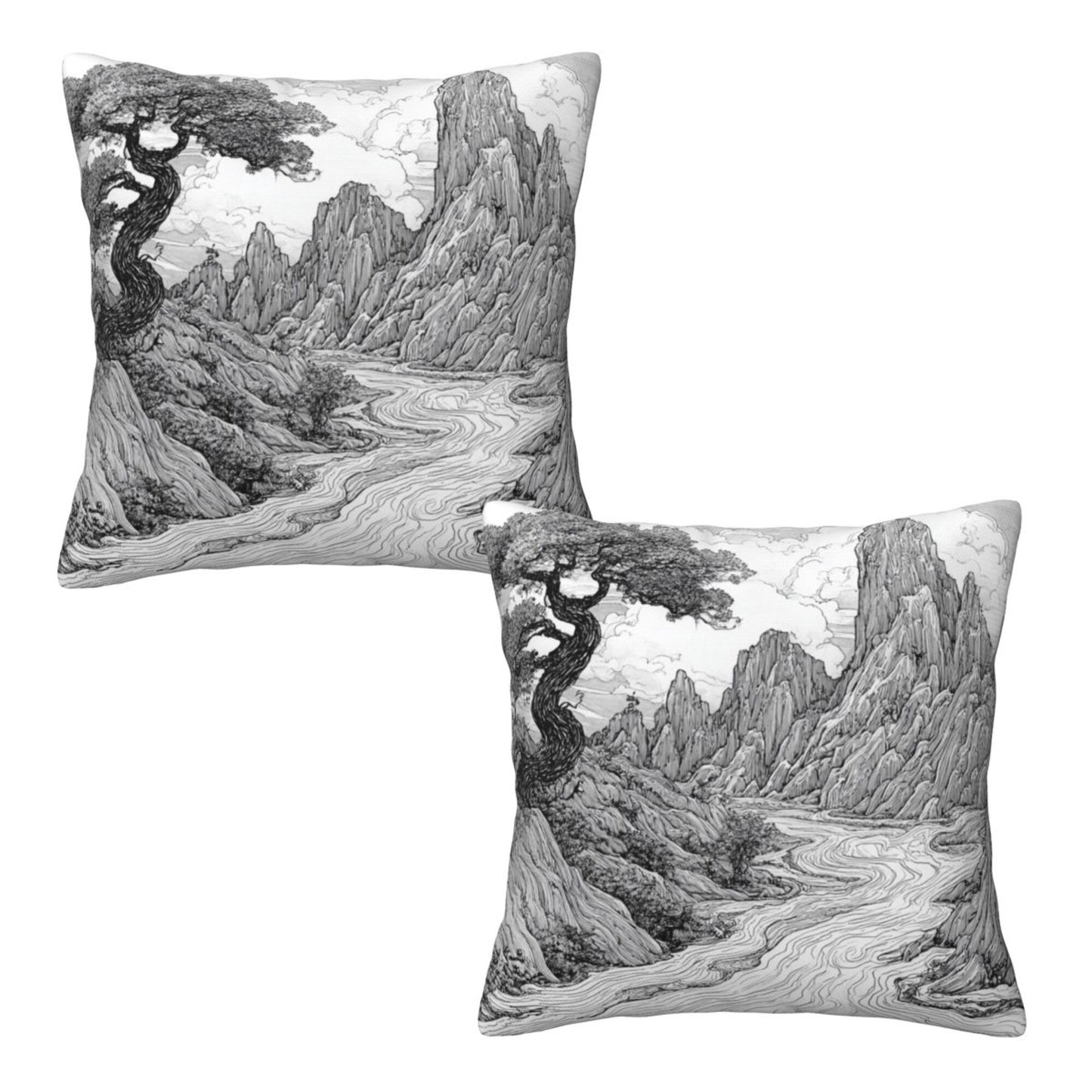 16"x16" Chinese Landscape Art Pillow Covers (Set of 2)|Black & White Ink Style Cushion Covers|Classic Oriental Home Decor|Removable & Washable