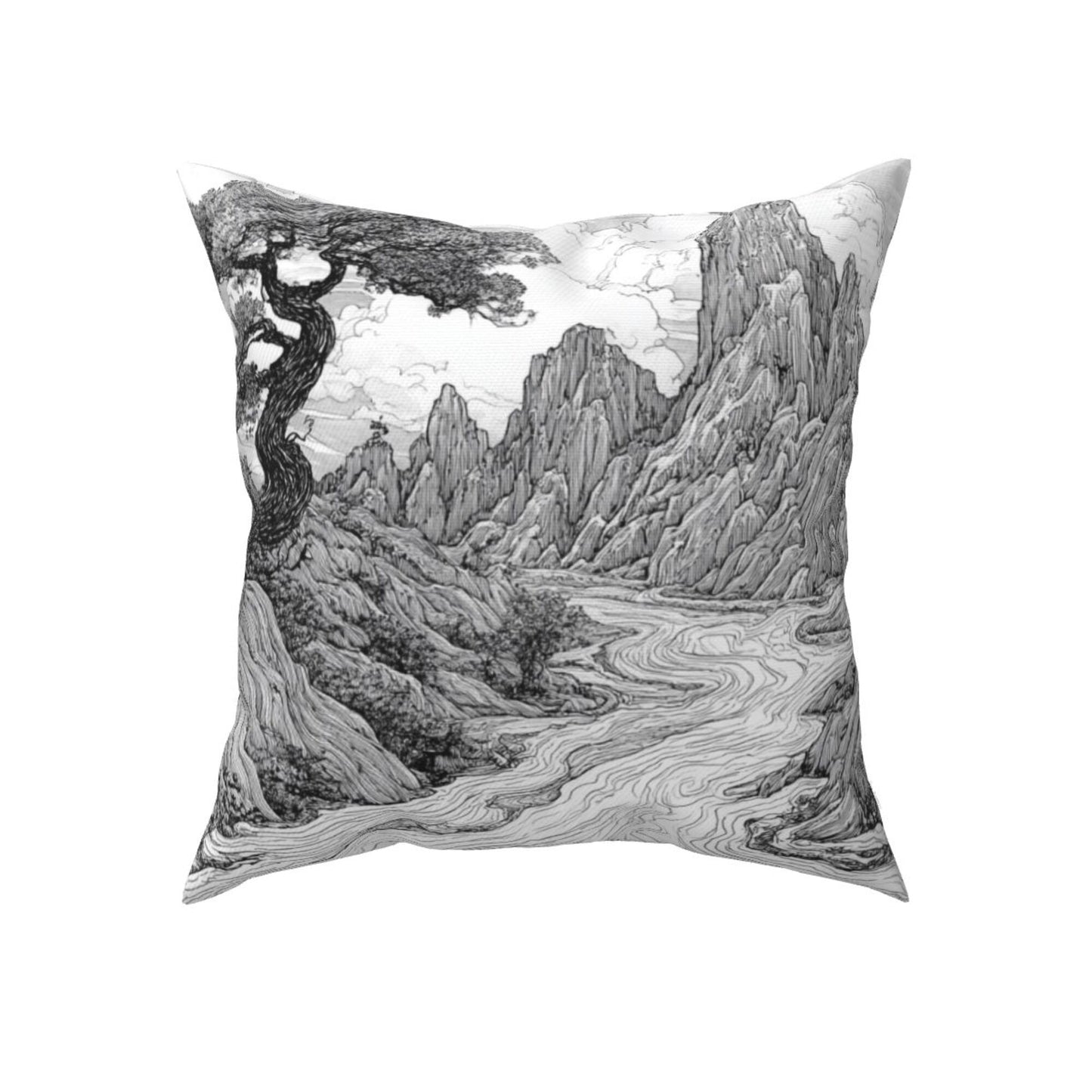 16"x16" Chinese Landscape Art Pillow Covers (Set of 2)|Black & White Ink Style Cushion Covers|Classic Oriental Home Decor|Removable & Washable