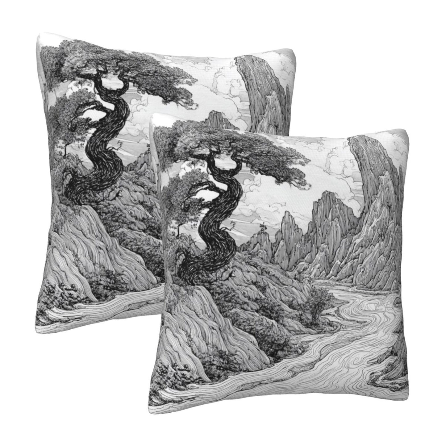 16"x16" Chinese Landscape Art Pillow Covers (Set of 2)|Black & White Ink Style Cushion Covers|Classic Oriental Home Decor|Removable & Washable