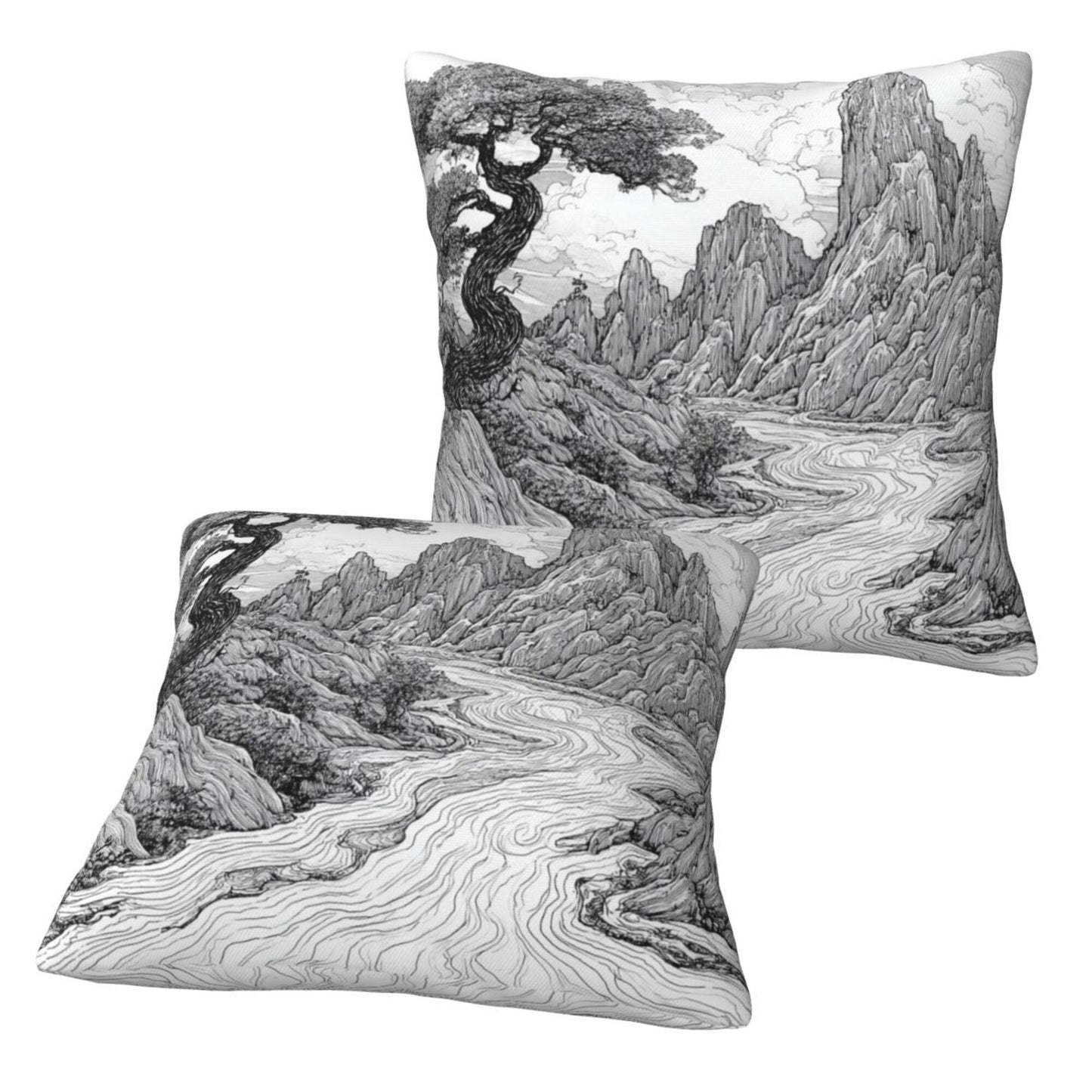 16"x16" Chinese Landscape Art Pillow Covers (Set of 2)|Black & White Ink Style Cushion Covers|Classic Oriental Home Decor|Removable & Washable