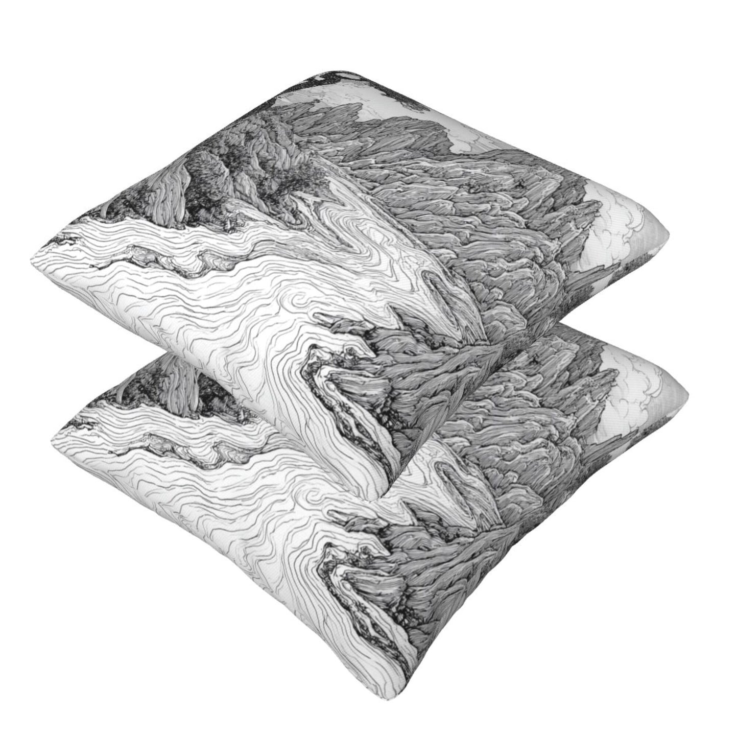 16"x16" Chinese Landscape Art Pillow Covers (Set of 2)|Black & White Ink Style Cushion Covers|Classic Oriental Home Decor|Removable & Washable