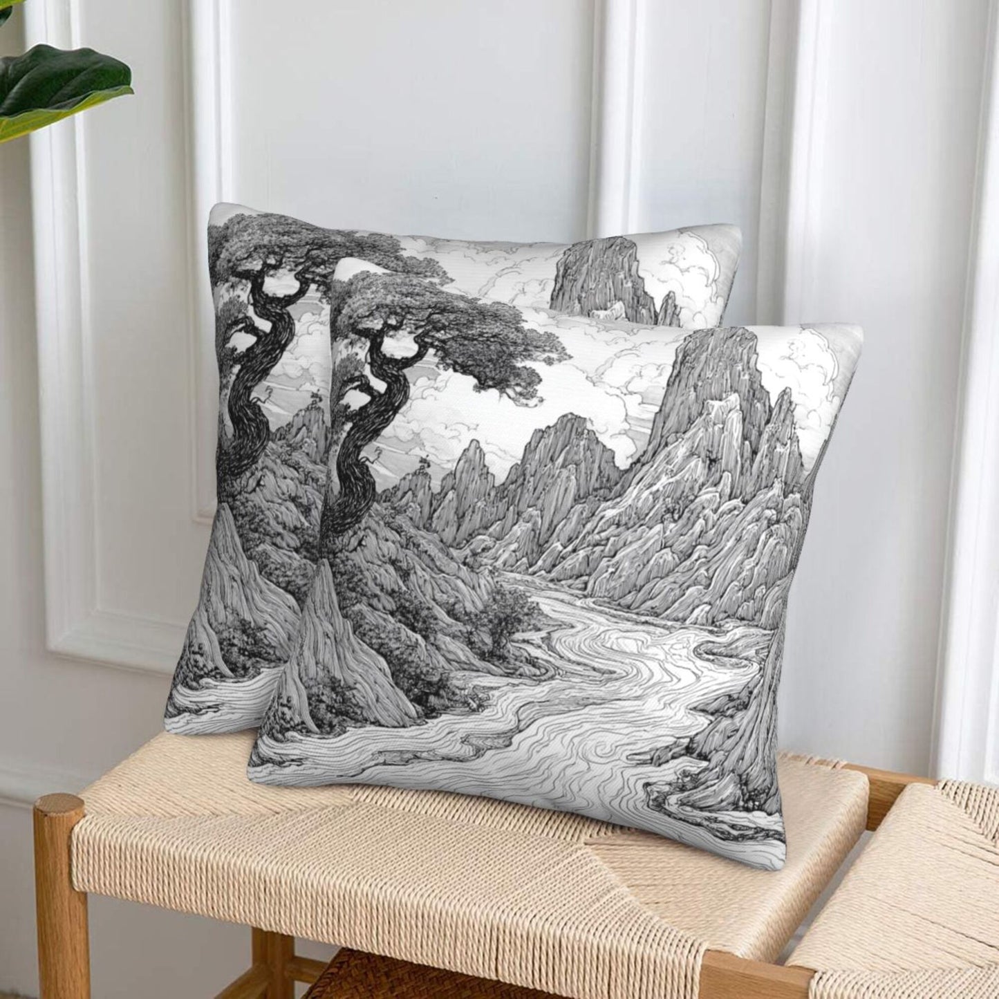 16"x16" Chinese Landscape Art Pillow Covers (Set of 2)|Black & White Ink Style Cushion Covers|Classic Oriental Home Decor|Removable & Washable