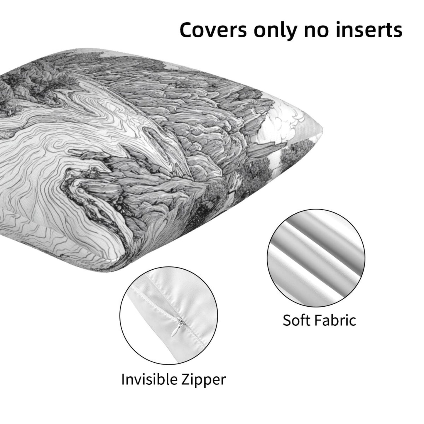 16"x16" Chinese Landscape Art Pillow Covers (Set of 2)|Black & White Ink Style Cushion Covers|Classic Oriental Home Decor|Removable & Washable