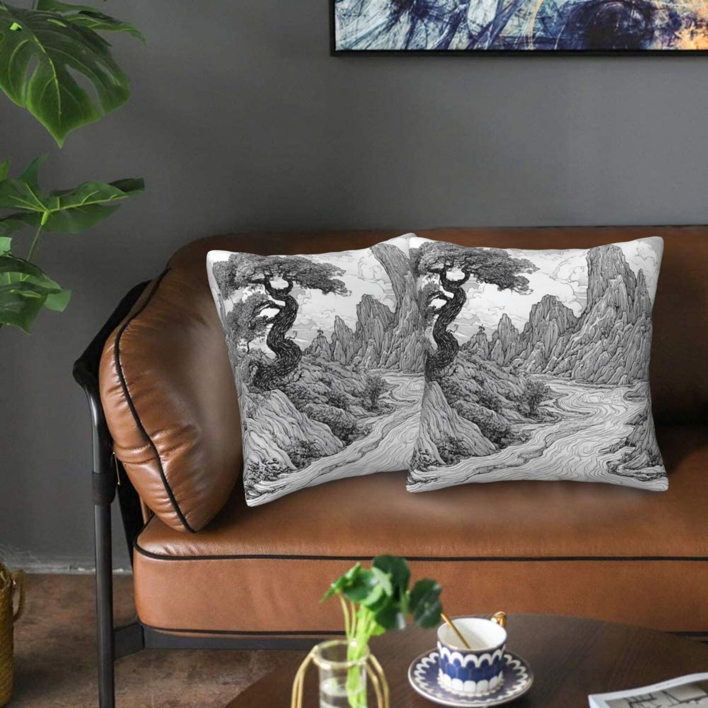16"x16" Chinese Landscape Art Pillow Covers (Set of 2)|Black & White Ink Style Cushion Covers|Classic Oriental Home Decor|Removable & Washable