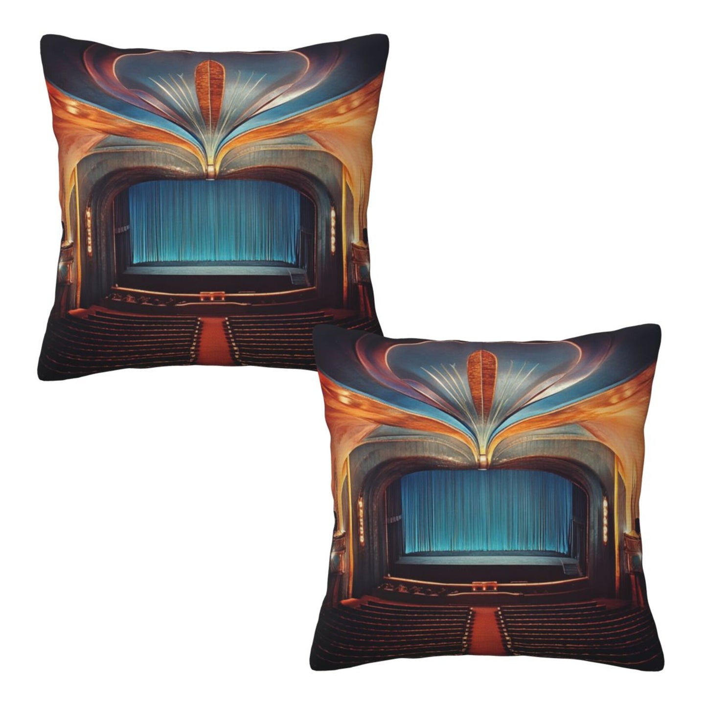 16"x16" Vintage Theater Stage Pillow Covers (Set of 2)|Golden Arch & Curtain Scene|Art Deco Cushion Covers for Home or Studio|Removable & Washable