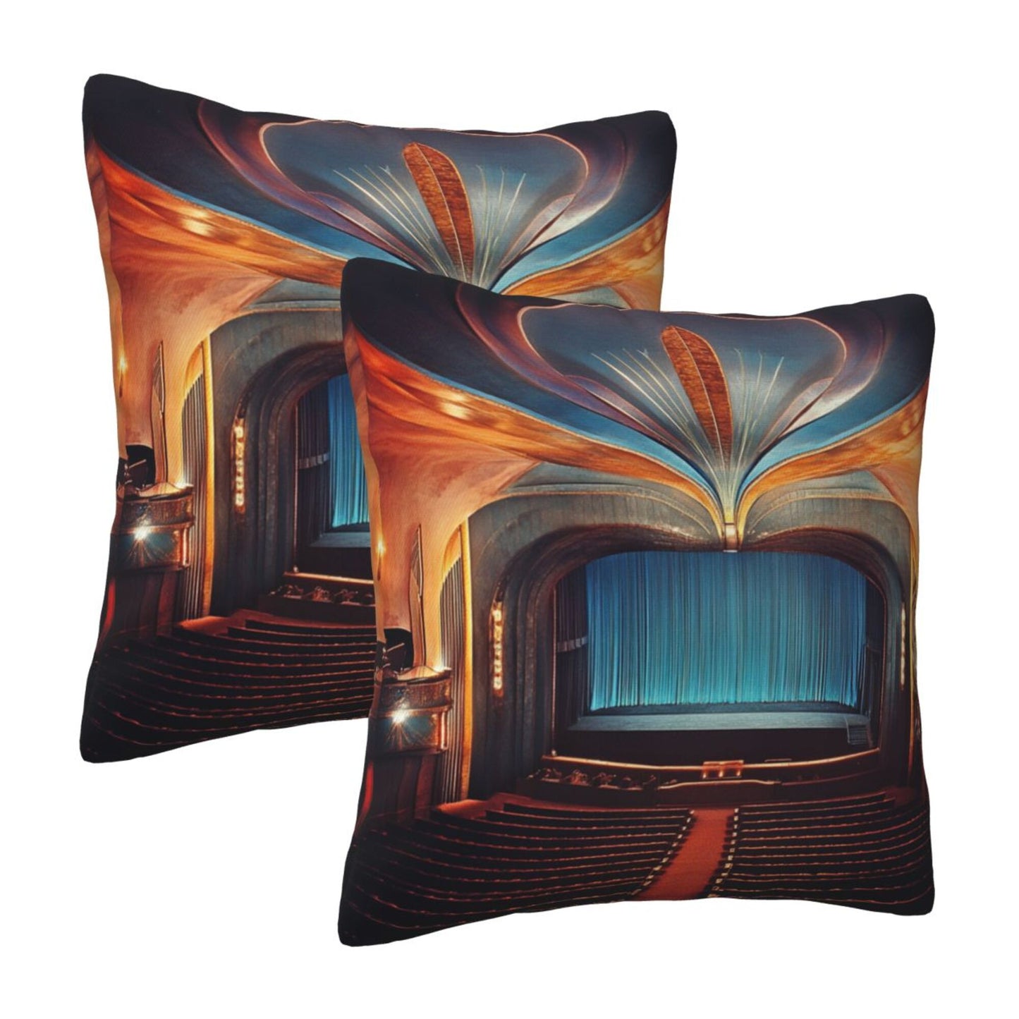 16"x16" Vintage Theater Stage Pillow Covers (Set of 2)|Golden Arch & Curtain Scene|Art Deco Cushion Covers for Home or Studio|Removable & Washable