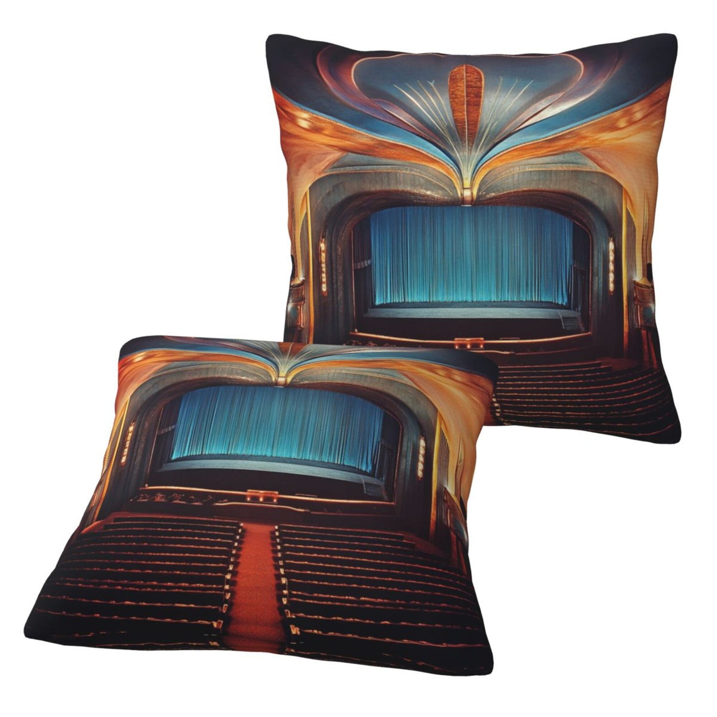 16"x16" Vintage Theater Stage Pillow Covers (Set of 2)|Golden Arch & Curtain Scene|Art Deco Cushion Covers for Home or Studio|Removable & Washable