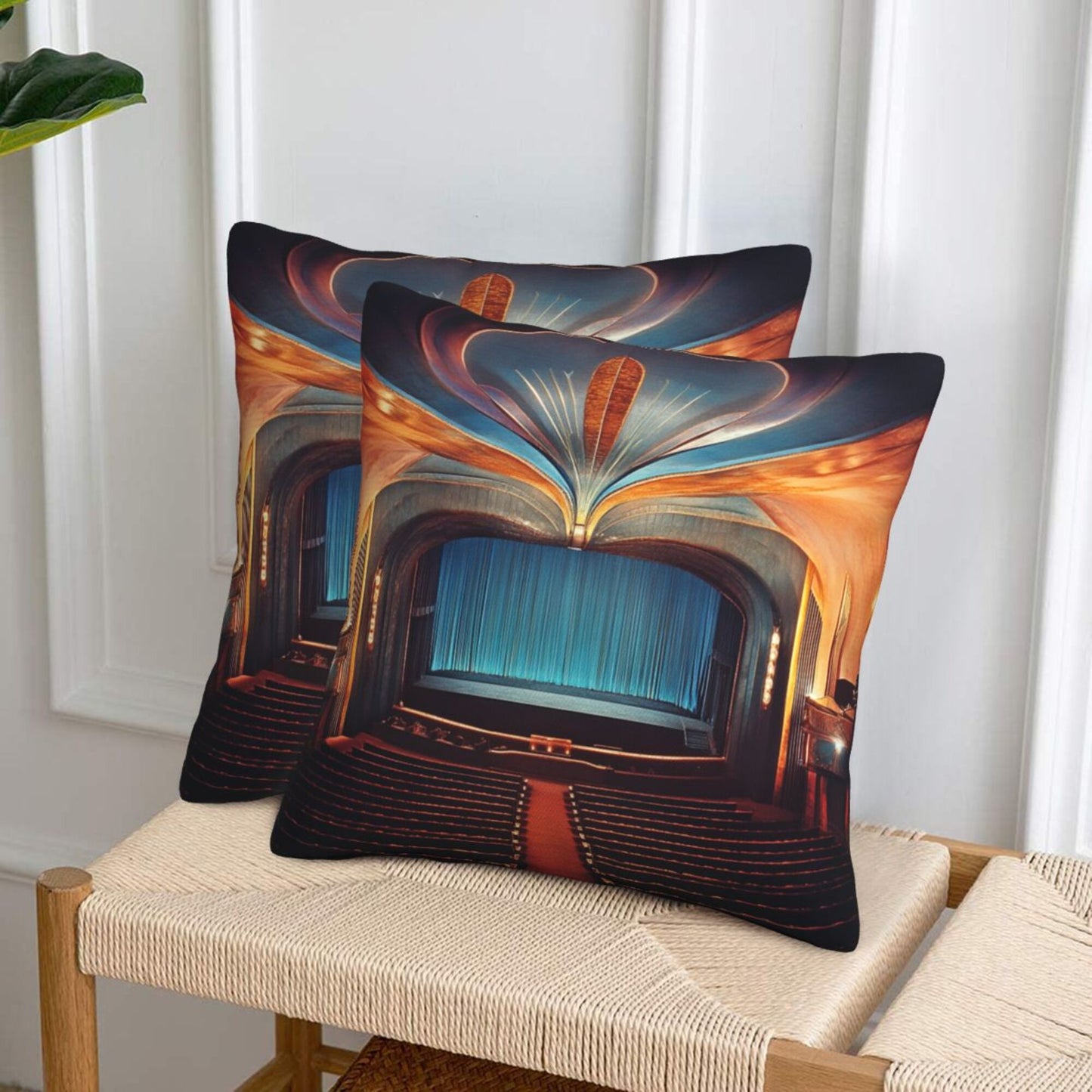 16"x16" Vintage Theater Stage Pillow Covers (Set of 2)|Golden Arch & Curtain Scene|Art Deco Cushion Covers for Home or Studio|Removable & Washable