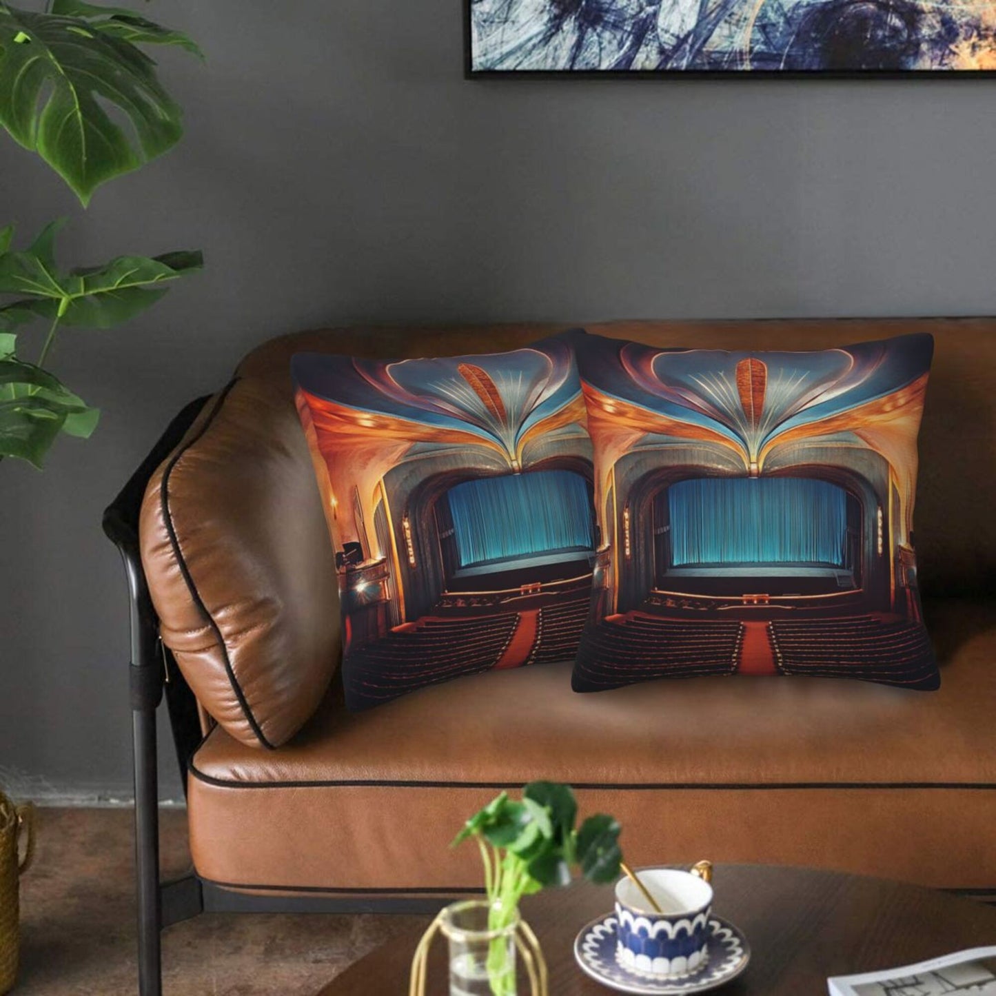 16"x16" Vintage Theater Stage Pillow Covers (Set of 2)|Golden Arch & Curtain Scene|Art Deco Cushion Covers for Home or Studio|Removable & Washable