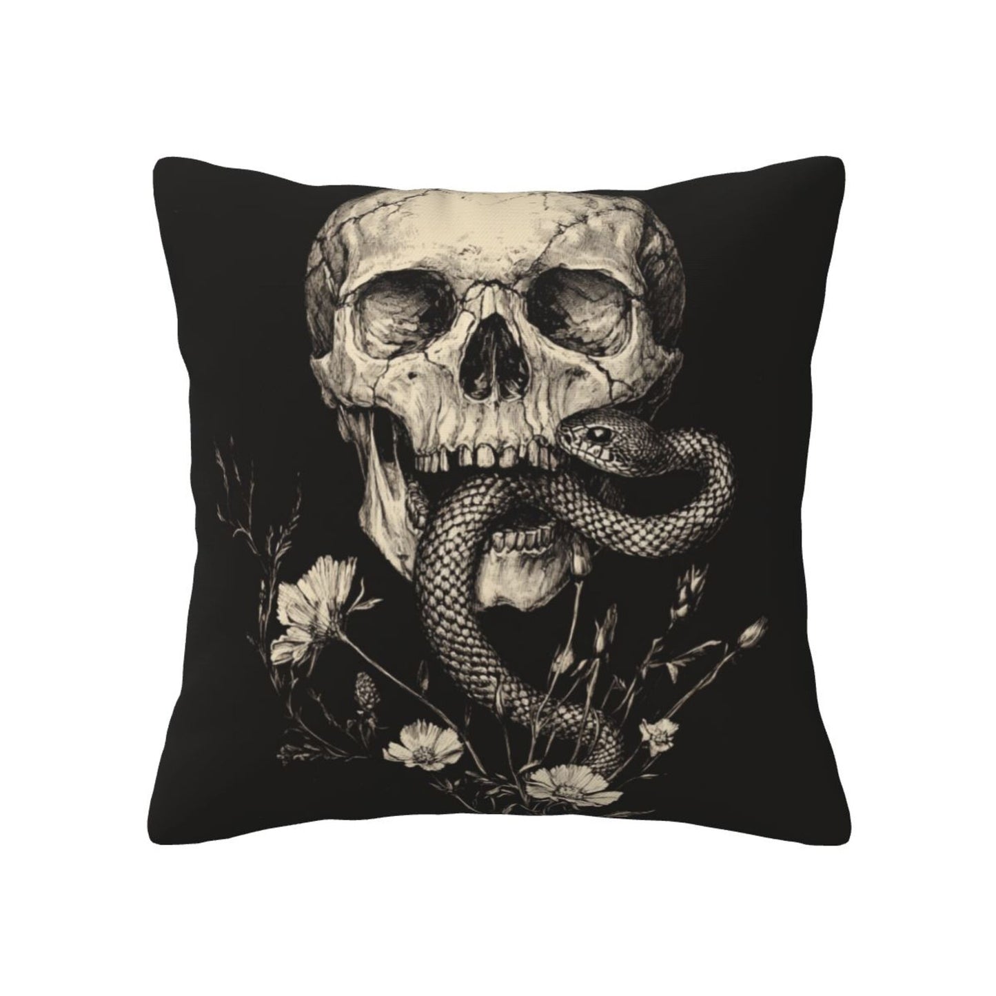 16"x16" Gothic Skull & Snake Pillow Covers (Set of 2)|Dark Ink-Style Illustration|Halloween or Alternative Decor|Removable & Washable