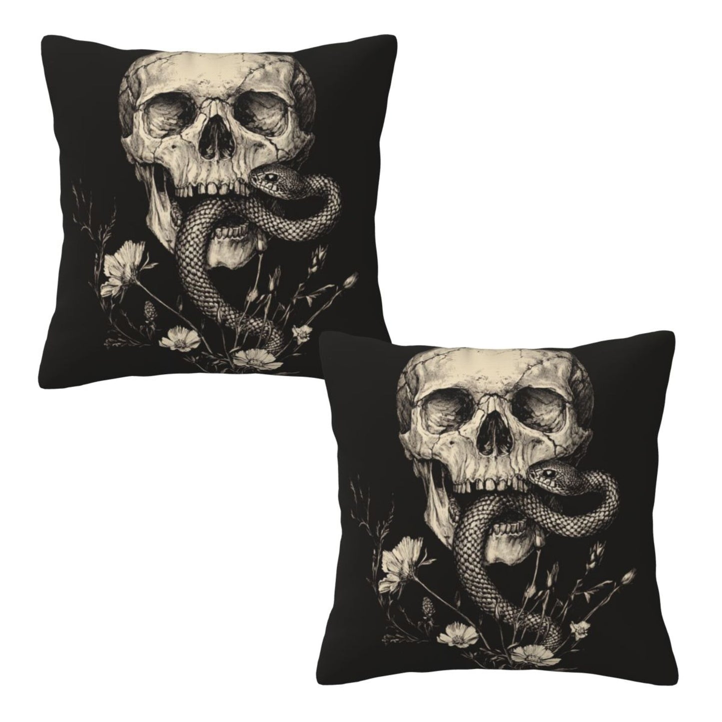 16"x16" Gothic Skull & Snake Pillow Covers (Set of 2)|Dark Ink-Style Illustration|Halloween or Alternative Decor|Removable & Washable