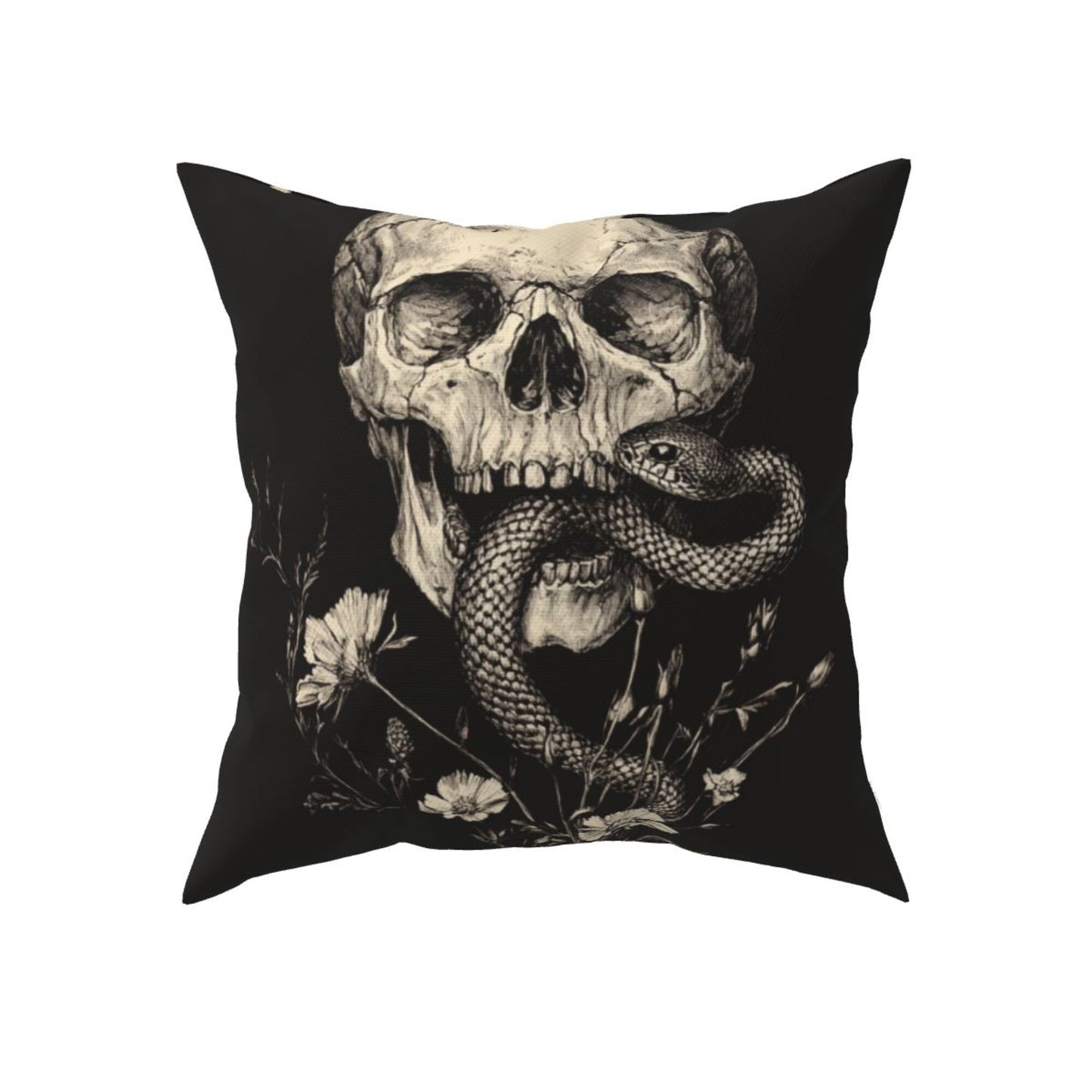 16"x16" Gothic Skull & Snake Pillow Covers (Set of 2)|Dark Ink-Style Illustration|Halloween or Alternative Decor|Removable & Washable