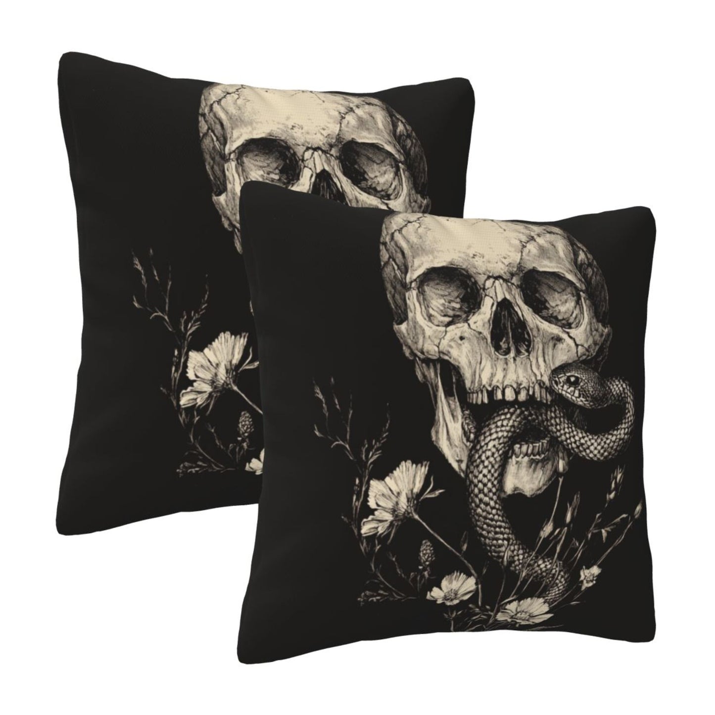 16"x16" Gothic Skull & Snake Pillow Covers (Set of 2)|Dark Ink-Style Illustration|Halloween or Alternative Decor|Removable & Washable