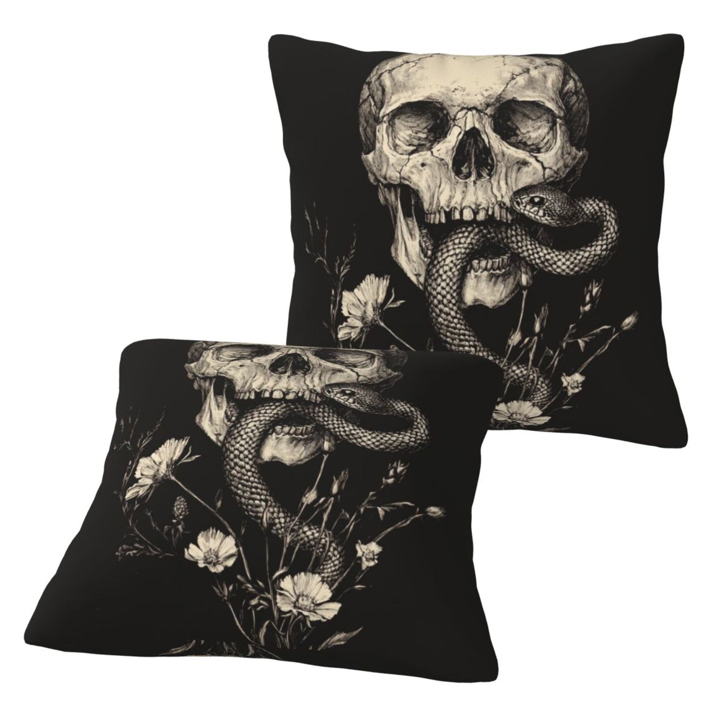 16"x16" Gothic Skull & Snake Pillow Covers (Set of 2)|Dark Ink-Style Illustration|Halloween or Alternative Decor|Removable & Washable