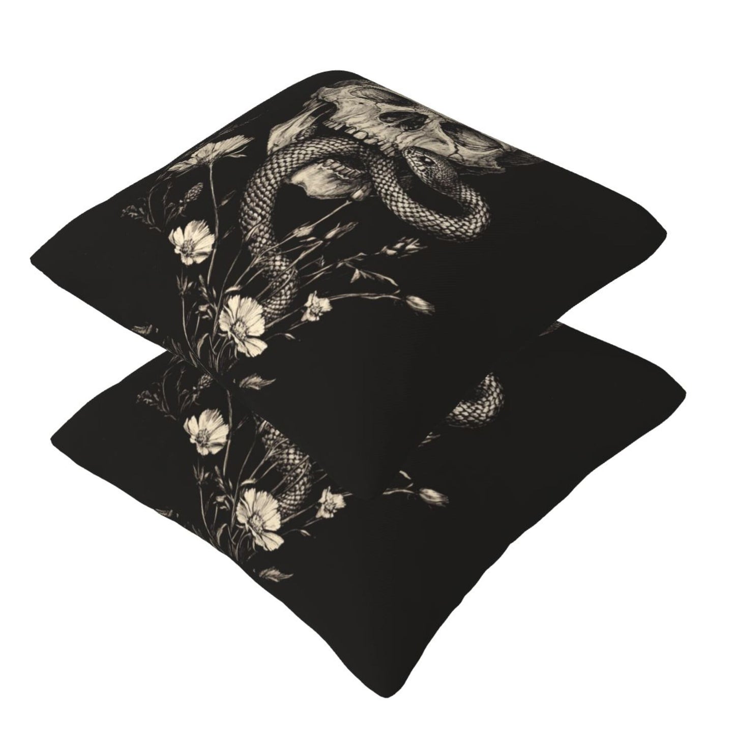 16"x16" Gothic Skull & Snake Pillow Covers (Set of 2)|Dark Ink-Style Illustration|Halloween or Alternative Decor|Removable & Washable