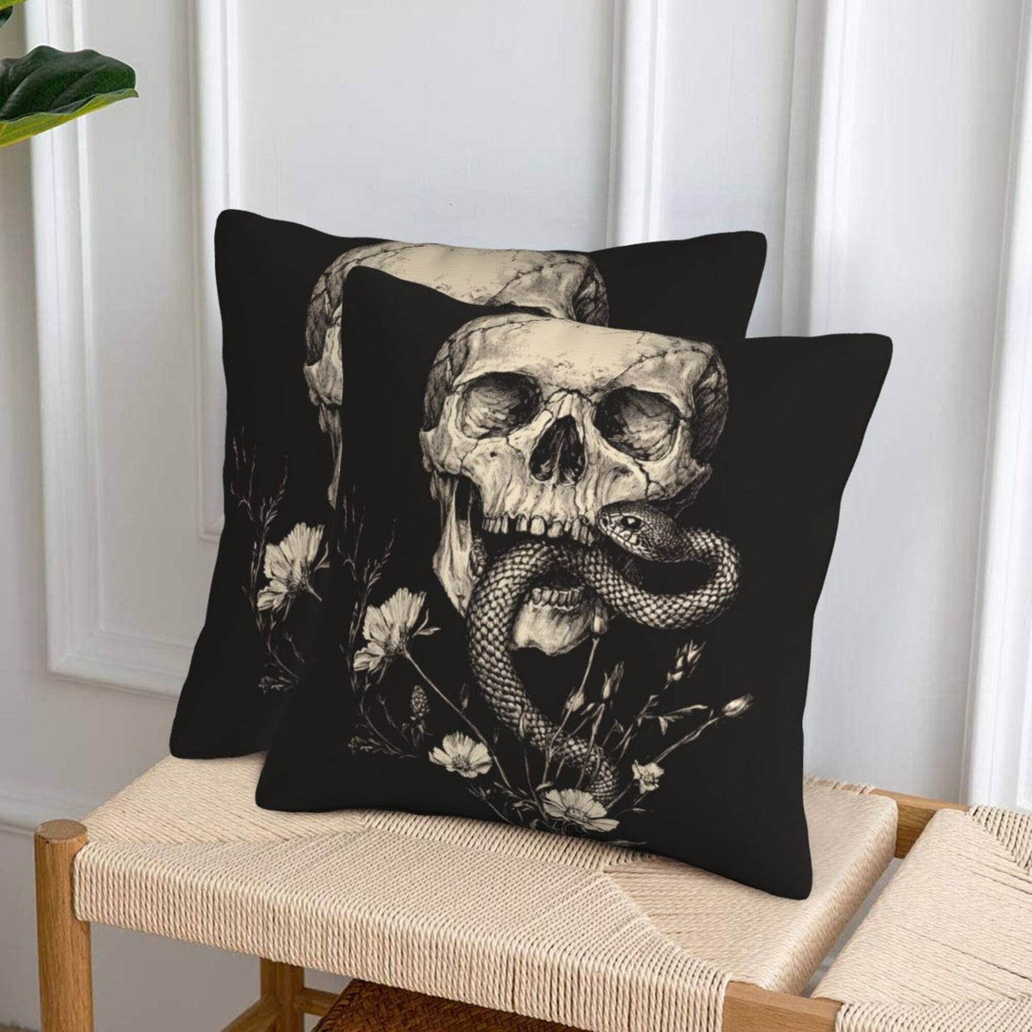 16"x16" Gothic Skull & Snake Pillow Covers (Set of 2)|Dark Ink-Style Illustration|Halloween or Alternative Decor|Removable & Washable