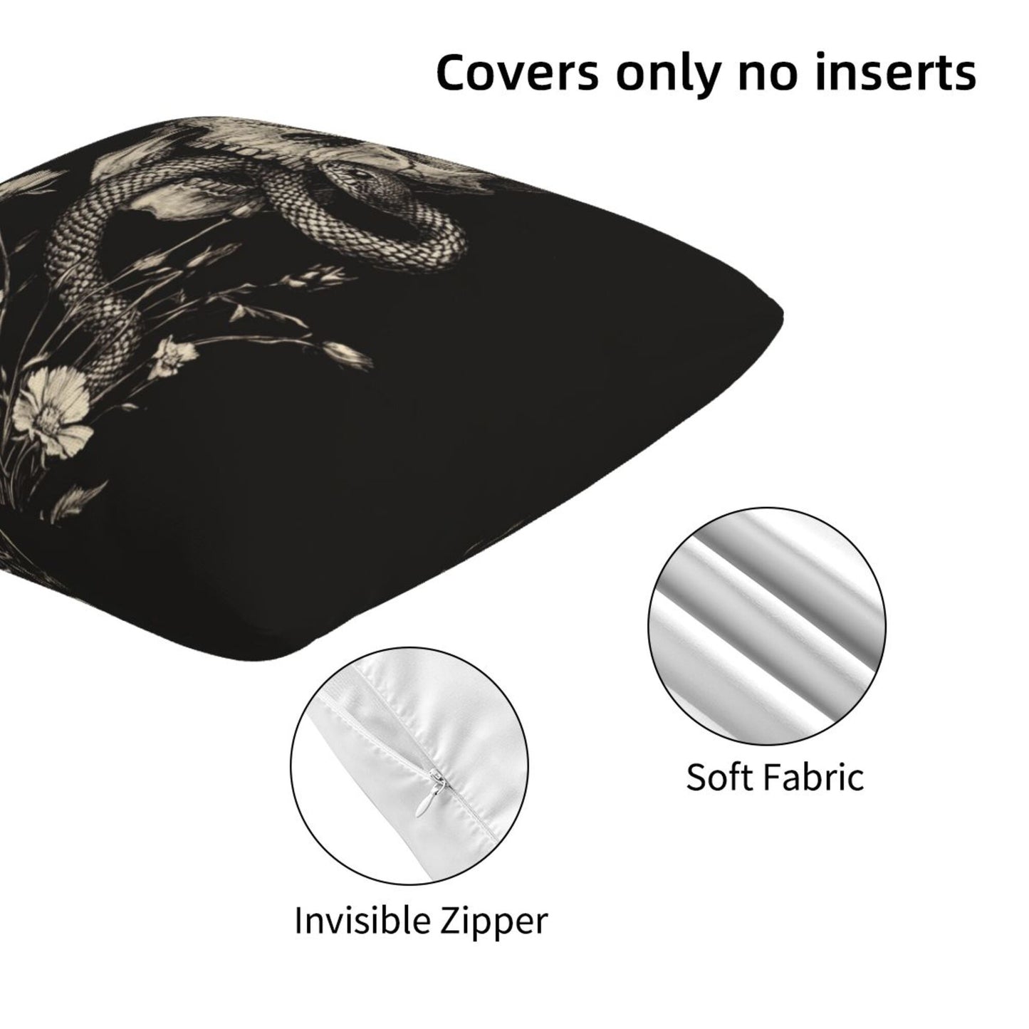 16"x16" Gothic Skull & Snake Pillow Covers (Set of 2)|Dark Ink-Style Illustration|Halloween or Alternative Decor|Removable & Washable